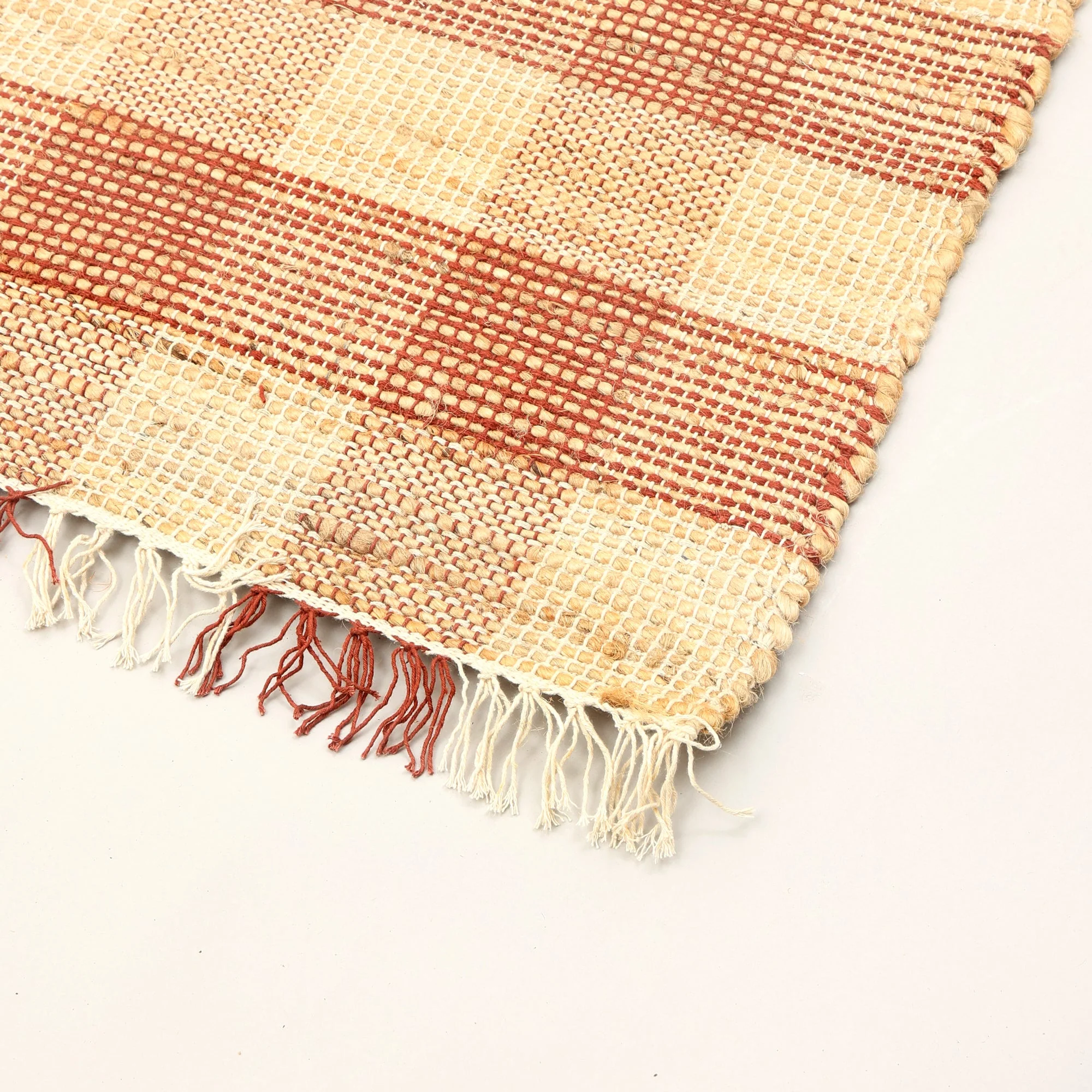 Brown Artisan Hand Woven Jute & Cotton Plaid Rug - Image 4