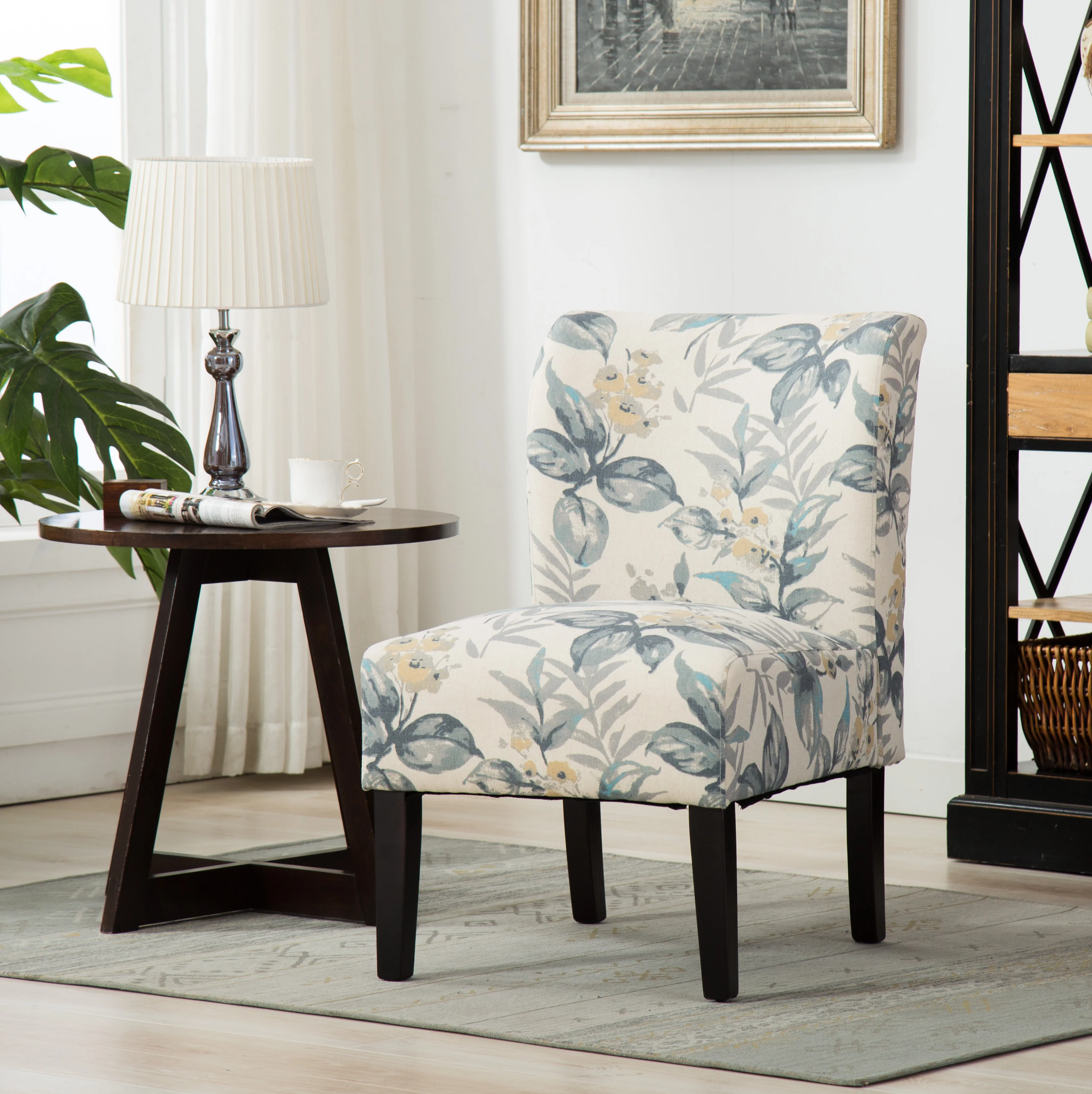 Capa Print Fabric Armless Contemporary Accent Chair, Blue Leaves - Image 2