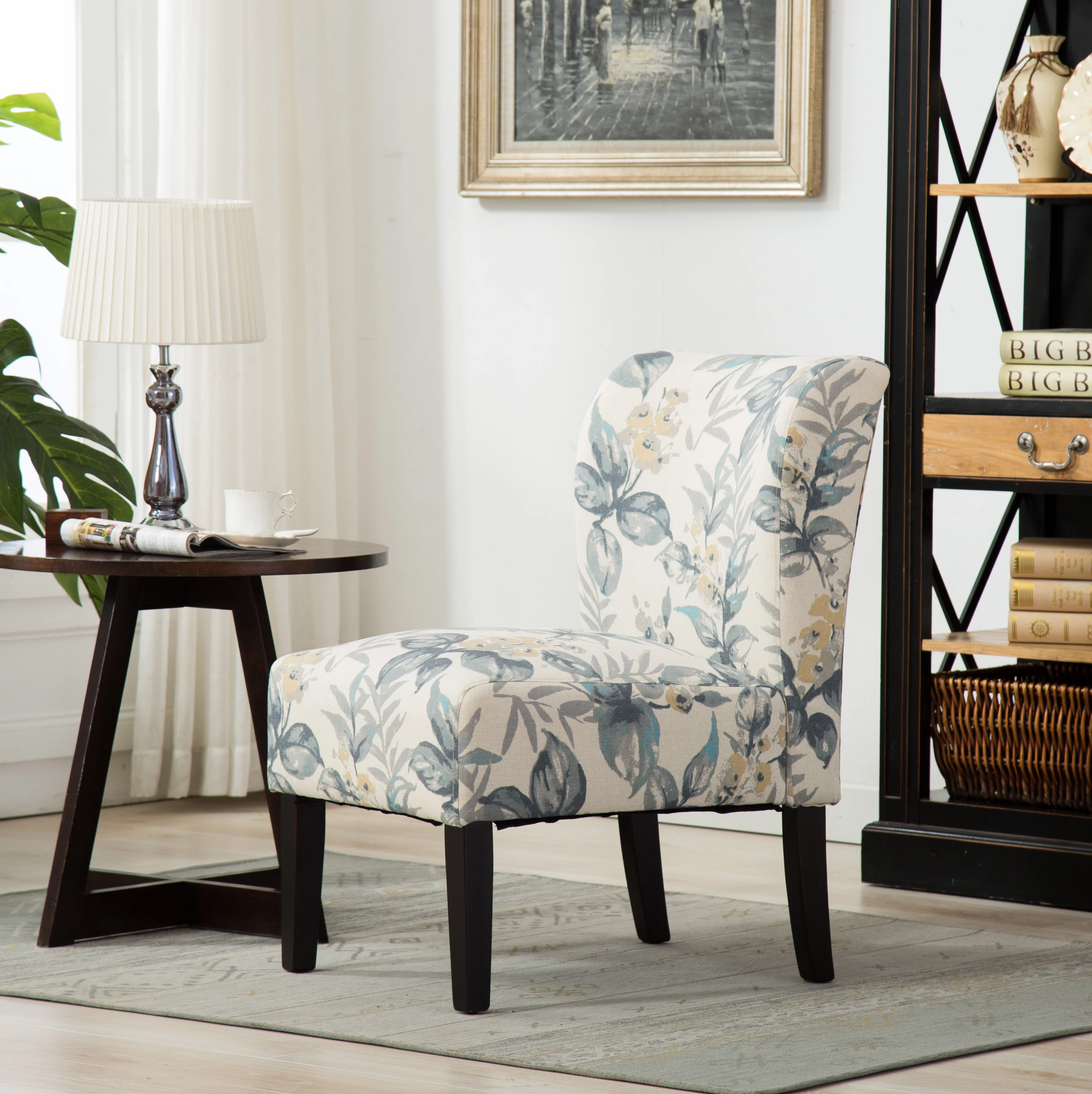 Capa Print Fabric Armless Contemporary Accent Chair, Blue Leaves - Image 3