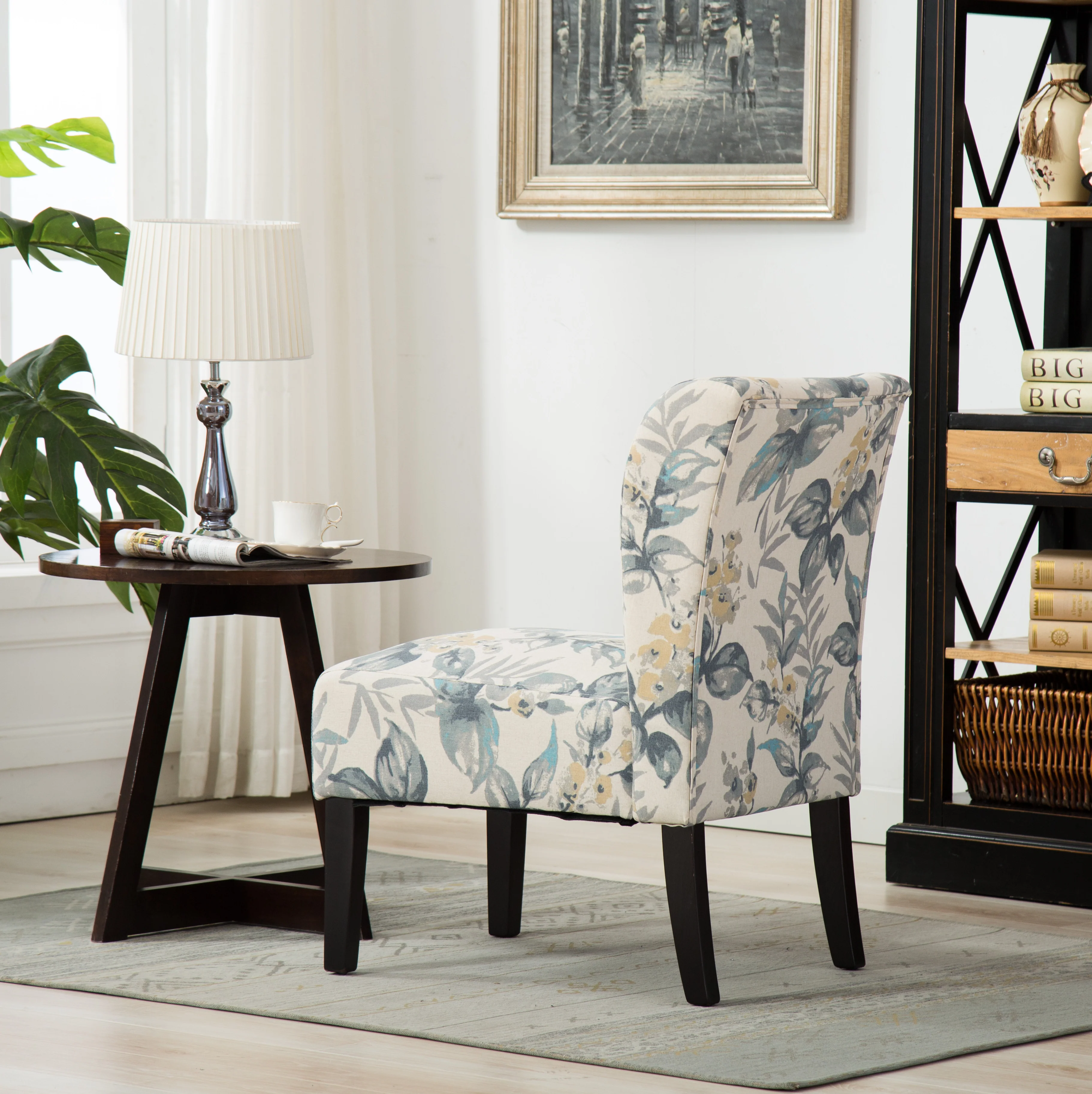 Capa Print Fabric Armless Contemporary Accent Chair, Blue Leaves - Image 4