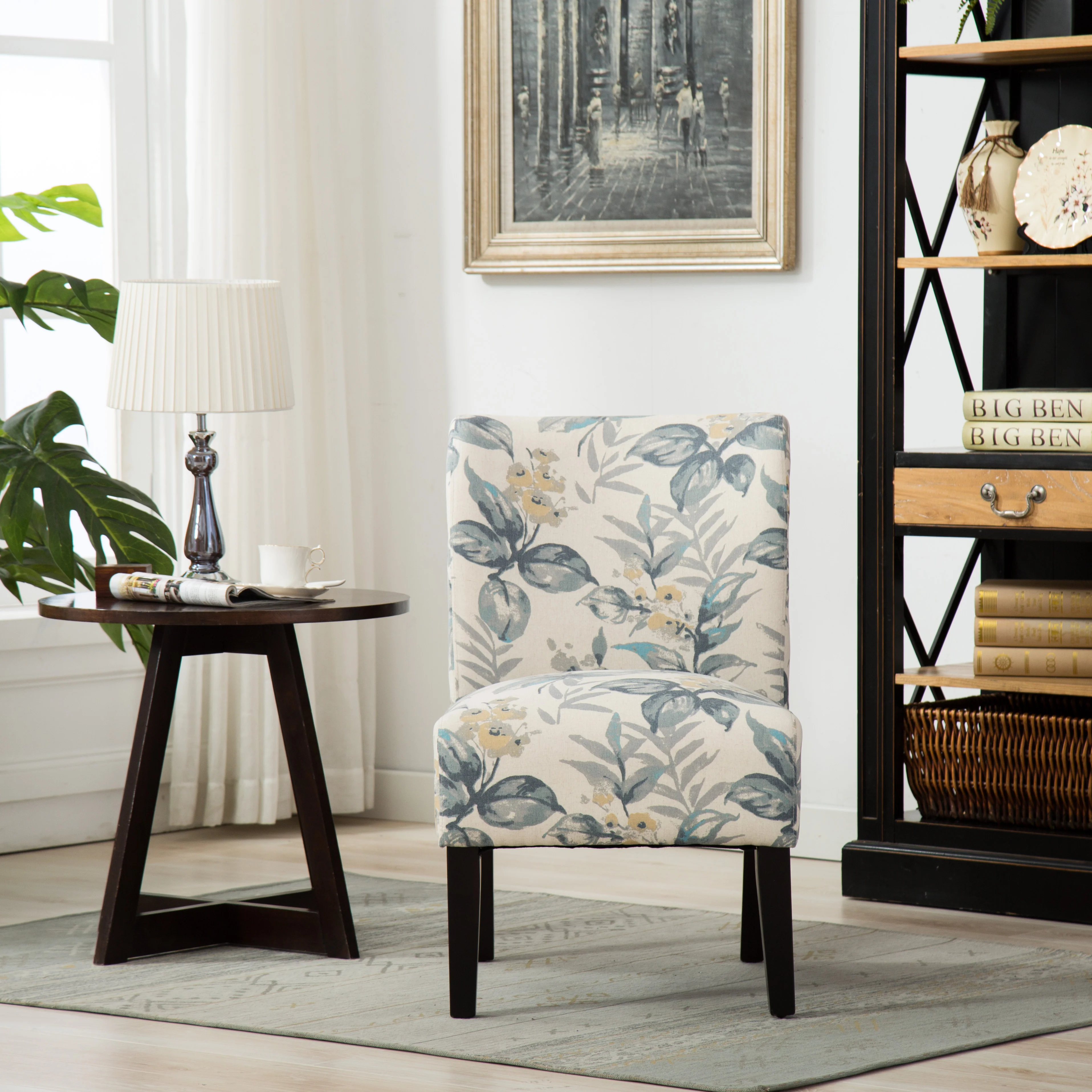 Capa Print Fabric Armless Contemporary Accent Chair, Blue Leaves - Image 5