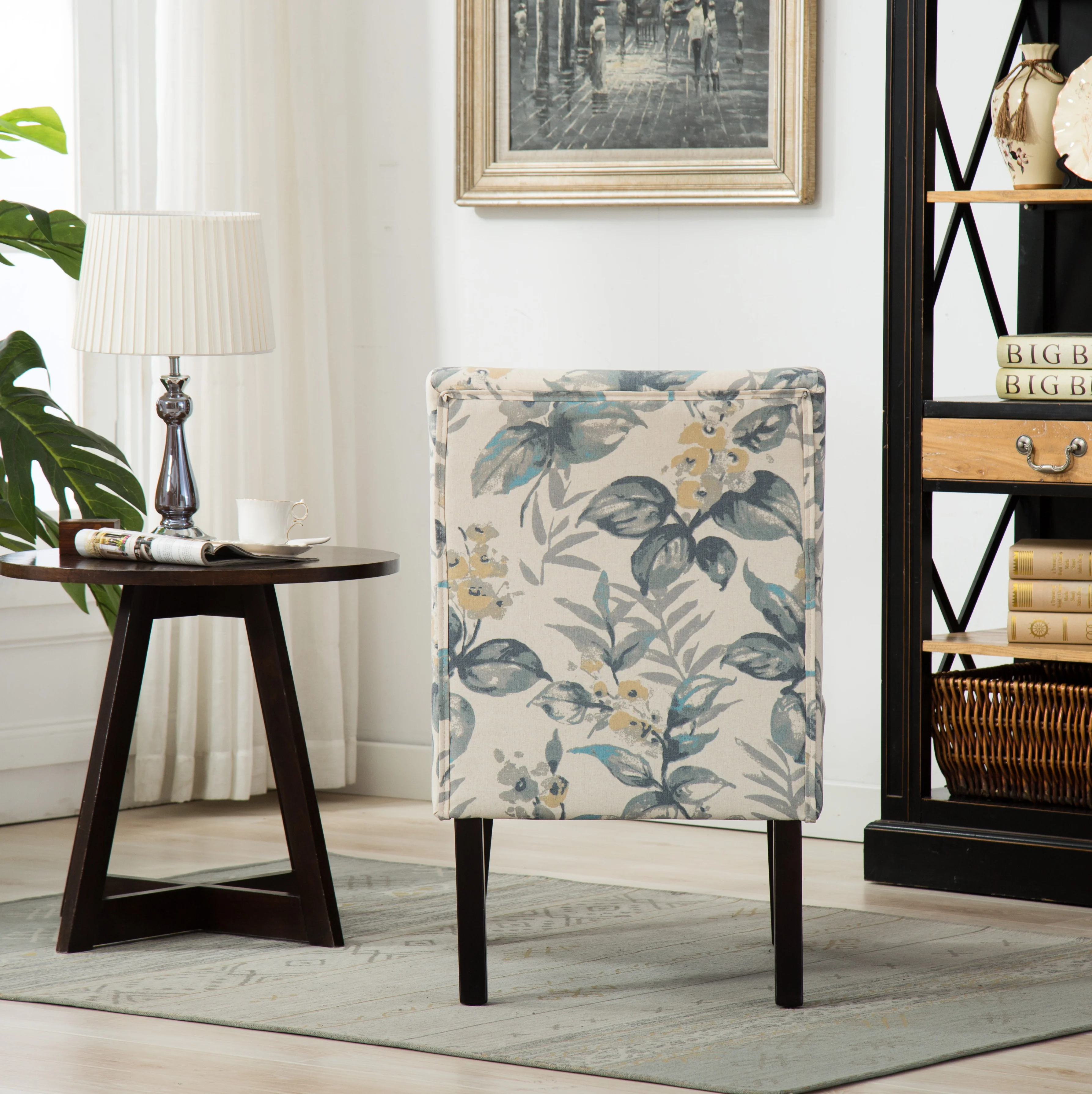 Capa Print Fabric Armless Contemporary Accent Chair, Blue Leaves - Image 6