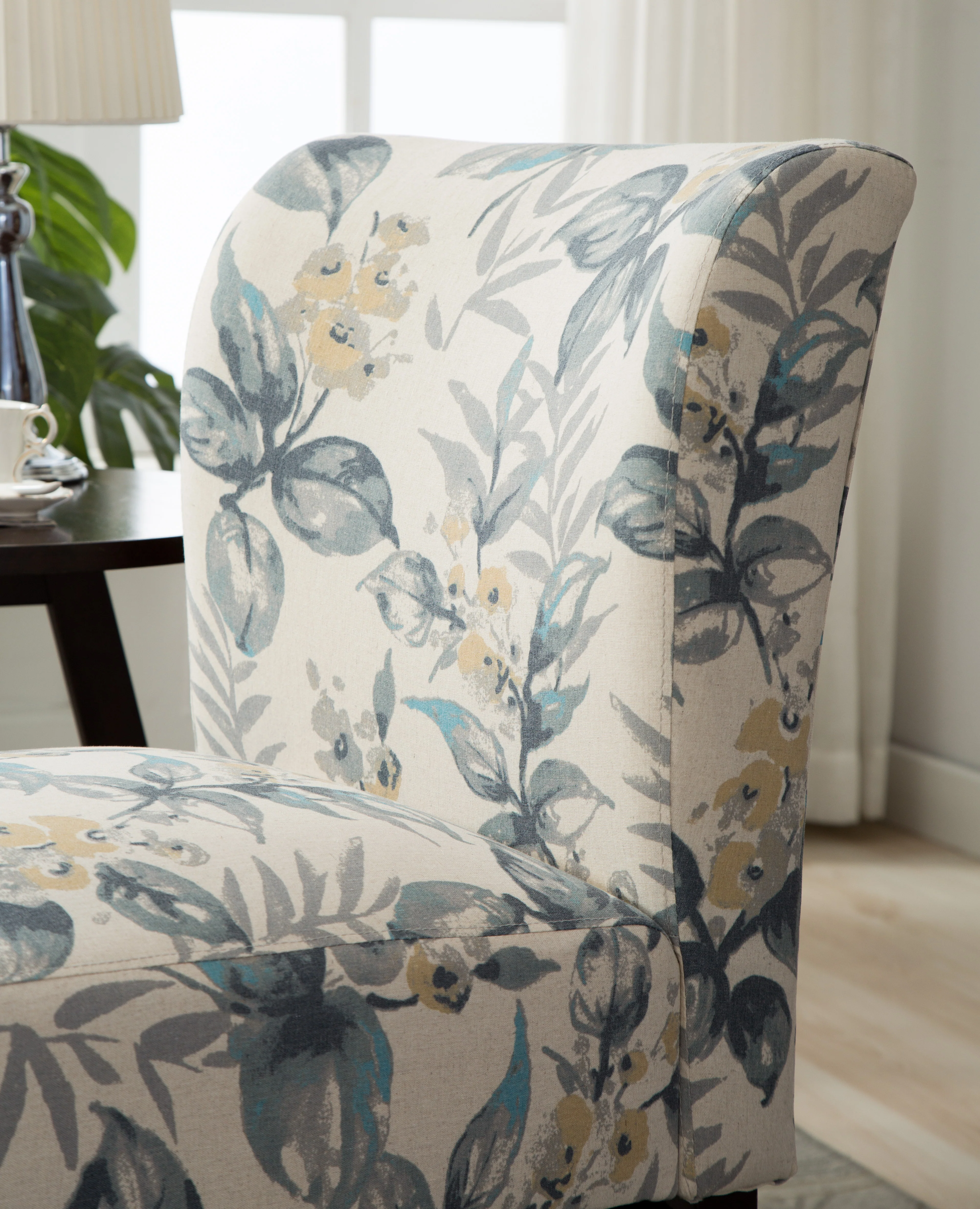 Capa Print Fabric Armless Contemporary Accent Chair, Blue Leaves - Image 7