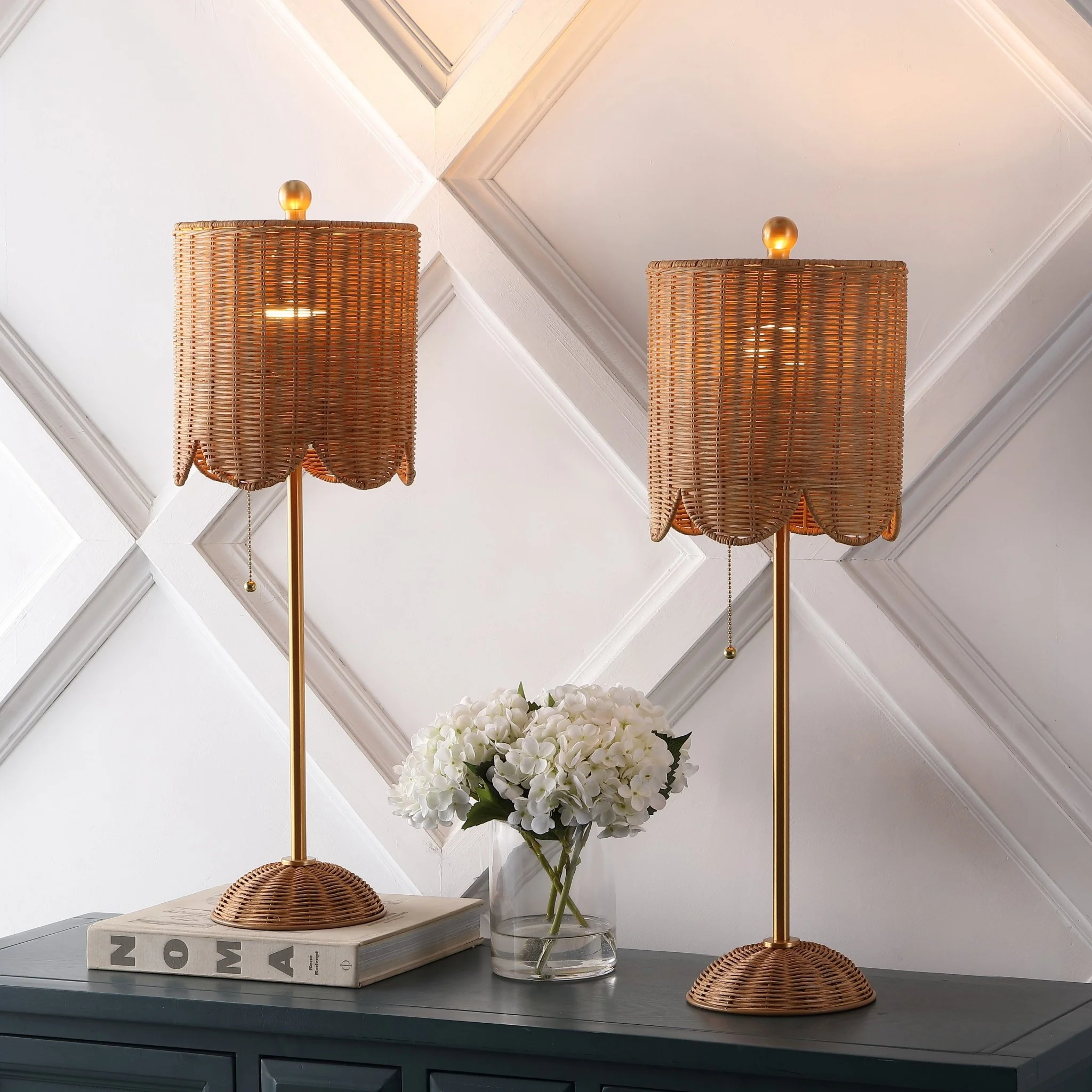 Celerie Coastal Bohemian Rattan/Iron Scalloped Buffet LED Table Lamp with Pull Chain, Set of 2 - Image 13