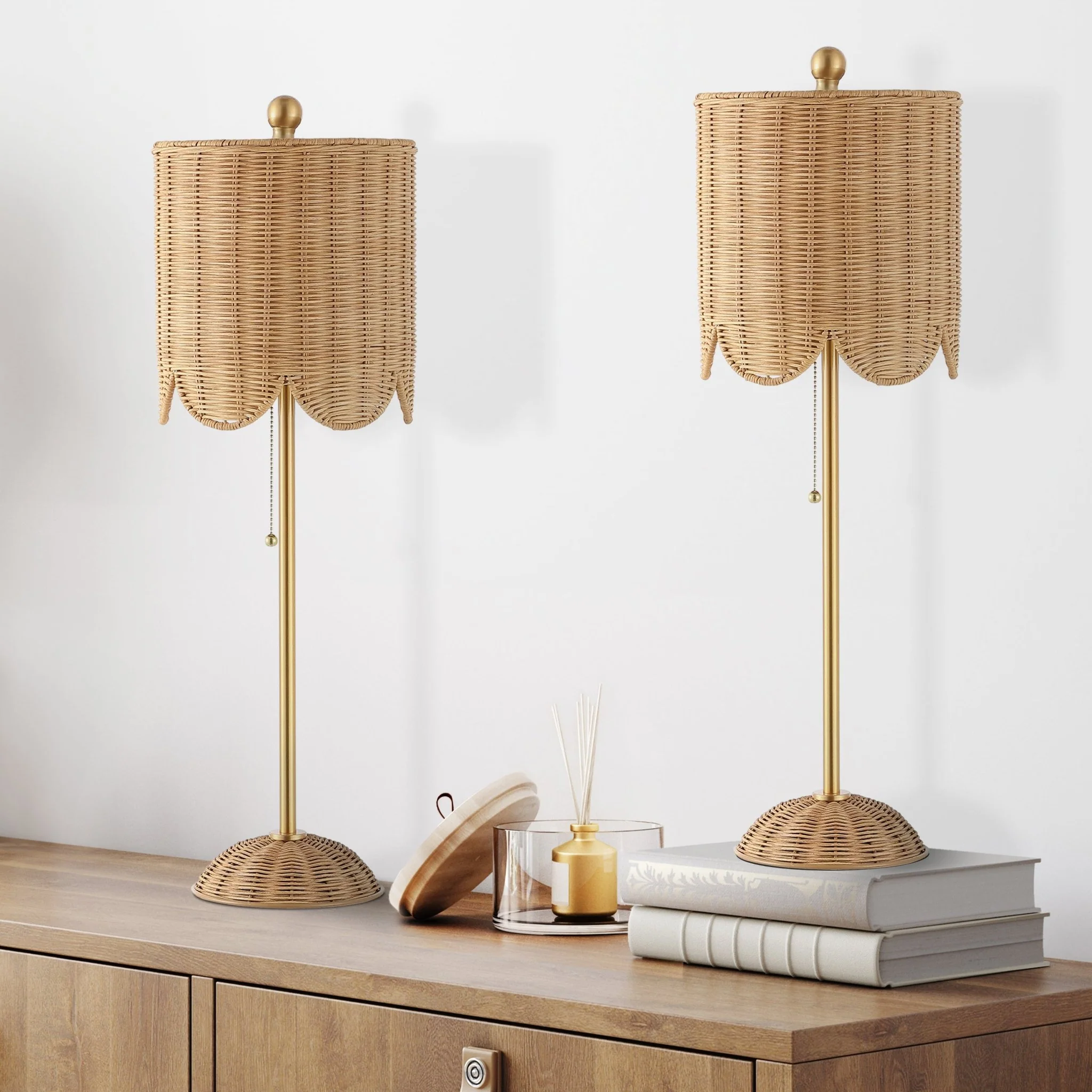 Celerie Coastal Bohemian Rattan/Iron Scalloped Buffet LED Table Lamp with Pull Chain, Set of 2 - Image 15
