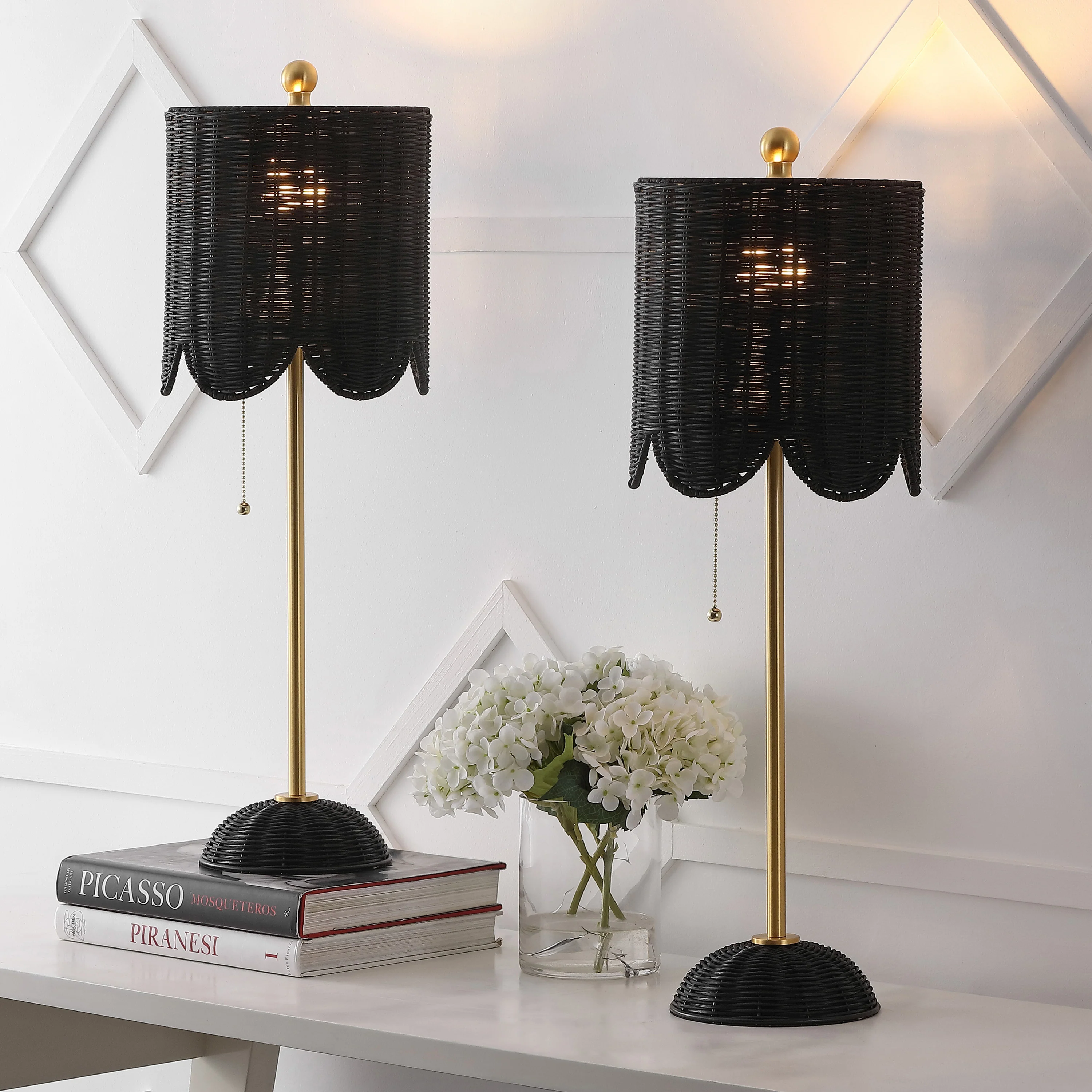 Celerie Coastal Bohemian Rattan/Iron Scalloped Buffet LED Table Lamp with Pull Chain, Set of 2 - Image 8
