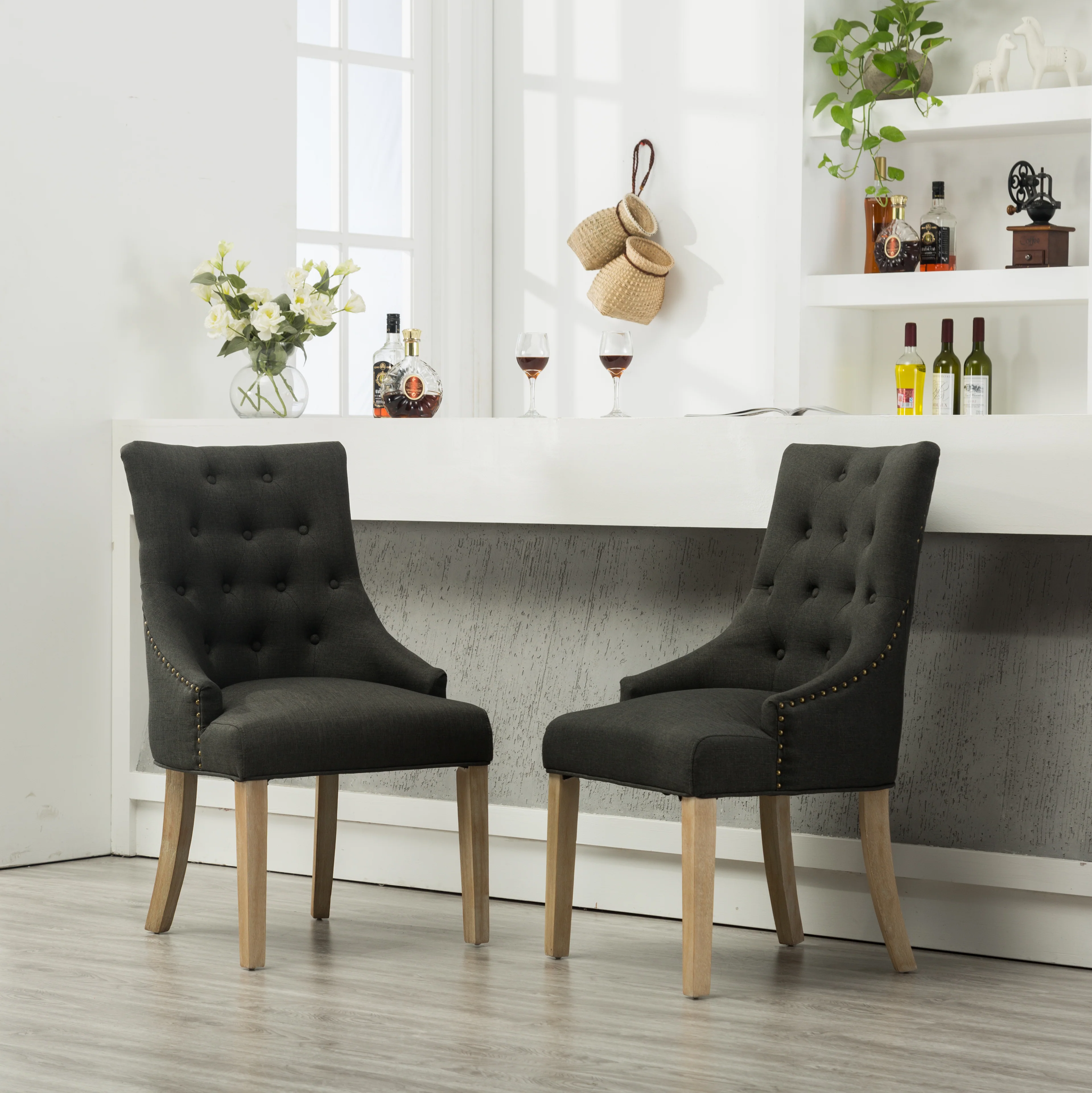 Charcoal Button Tufted Solid Wood Wingback Hostess Chairs, Set of 2 - Image 2