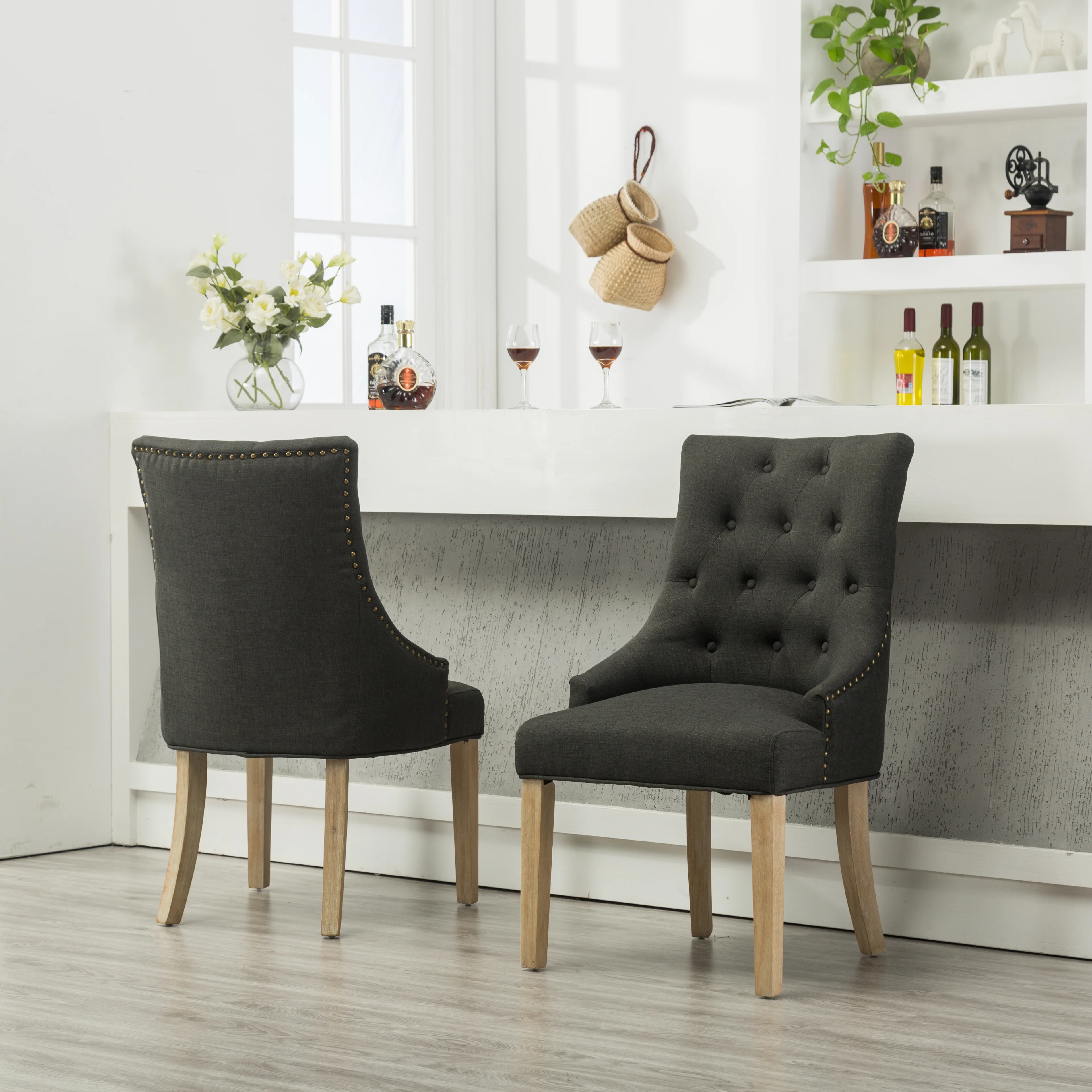Charcoal Button Tufted Solid Wood Wingback Hostess Chairs, Set of 2 - Image 3