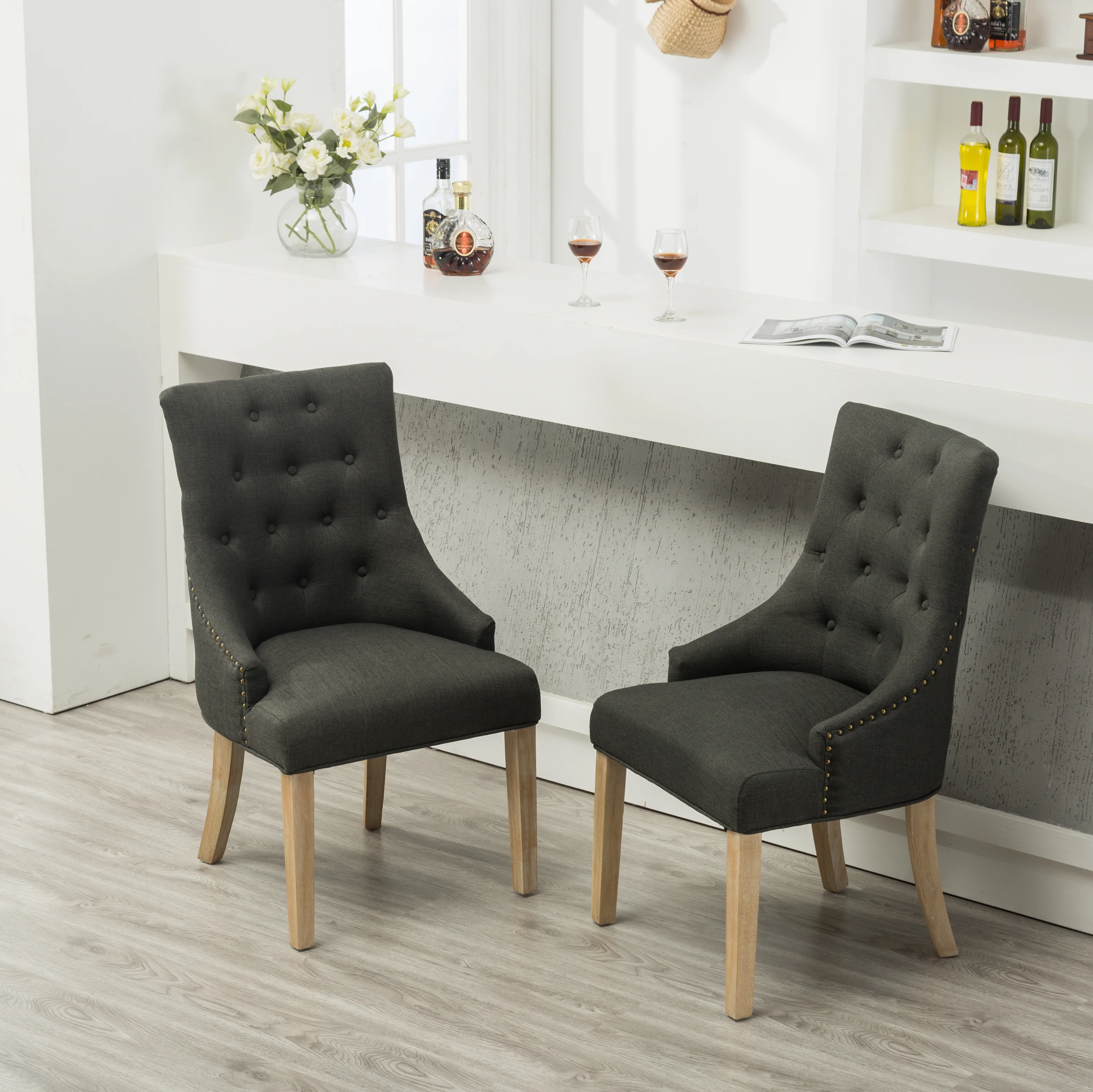 Charcoal Button Tufted Solid Wood Wingback Hostess Chairs, Set of 2 - Image 4