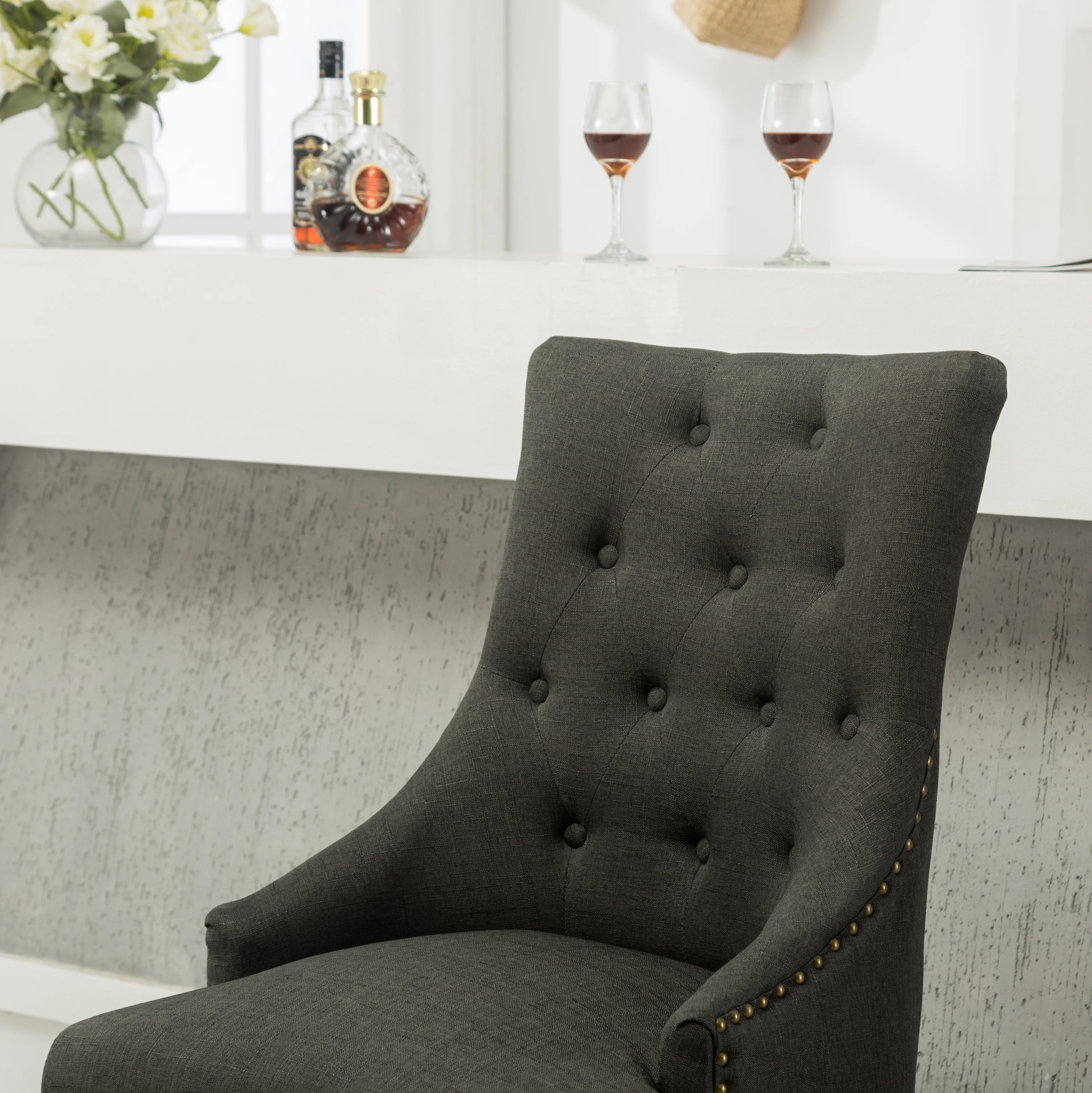 Charcoal Button Tufted Solid Wood Wingback Hostess Chairs, Set of 2 - Image 5