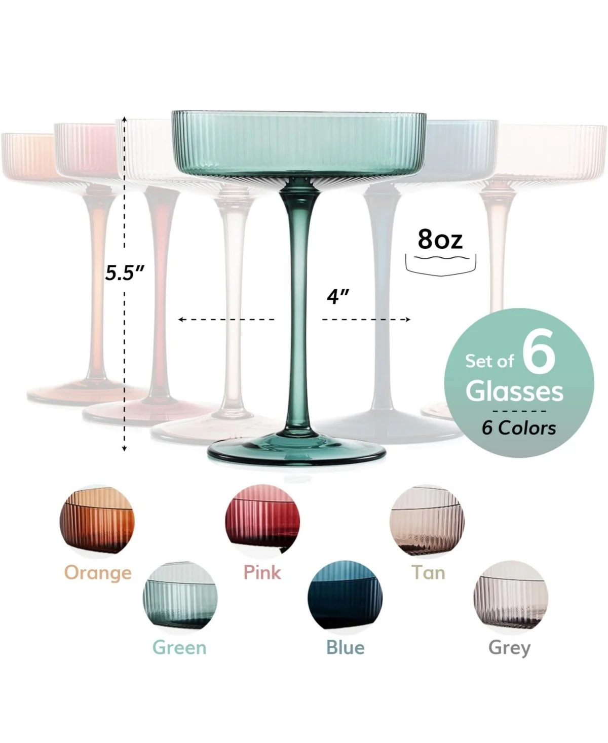 Colored Vintage Art Deco Coupe Glasse Set of 6 - Image 3