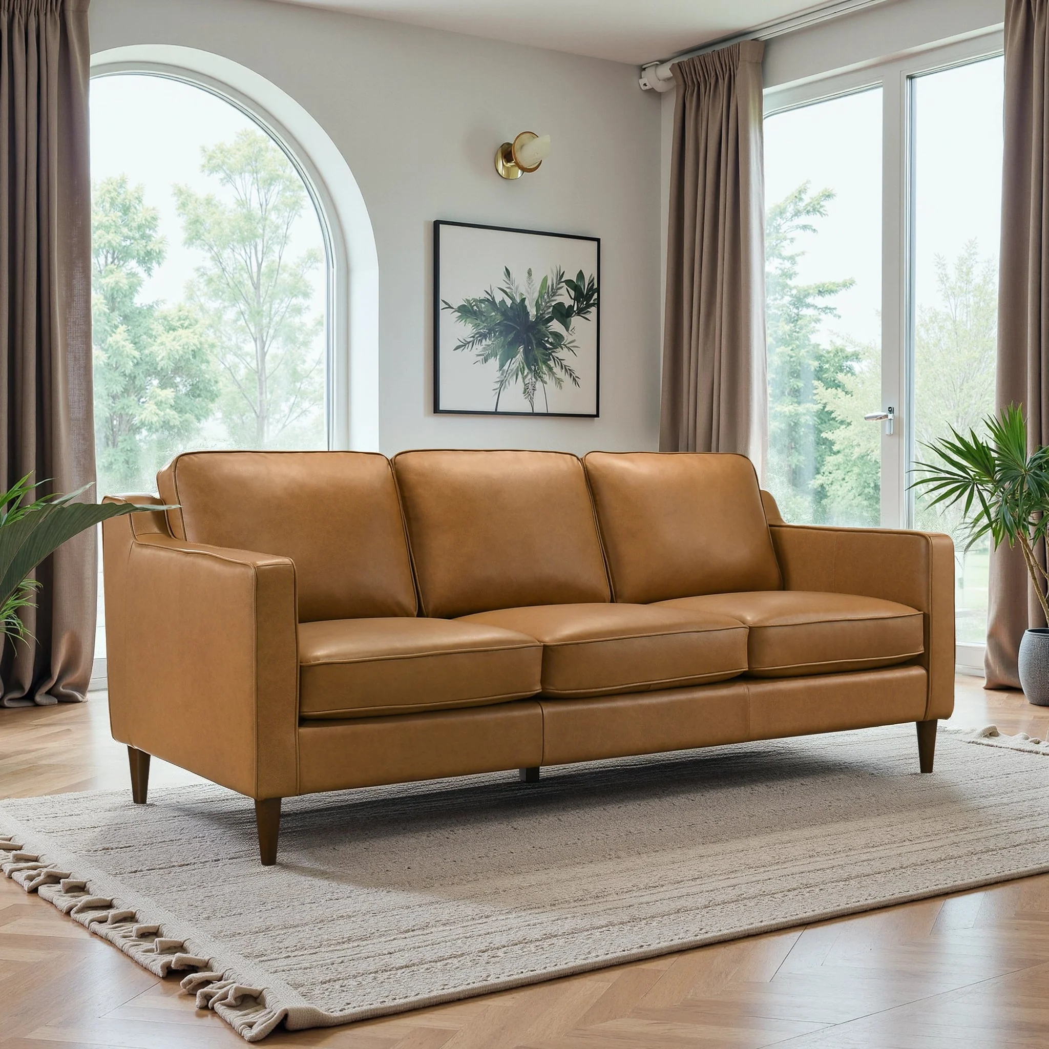 Cooper Mid Century Modern Tan Leather Sofa - Image 2