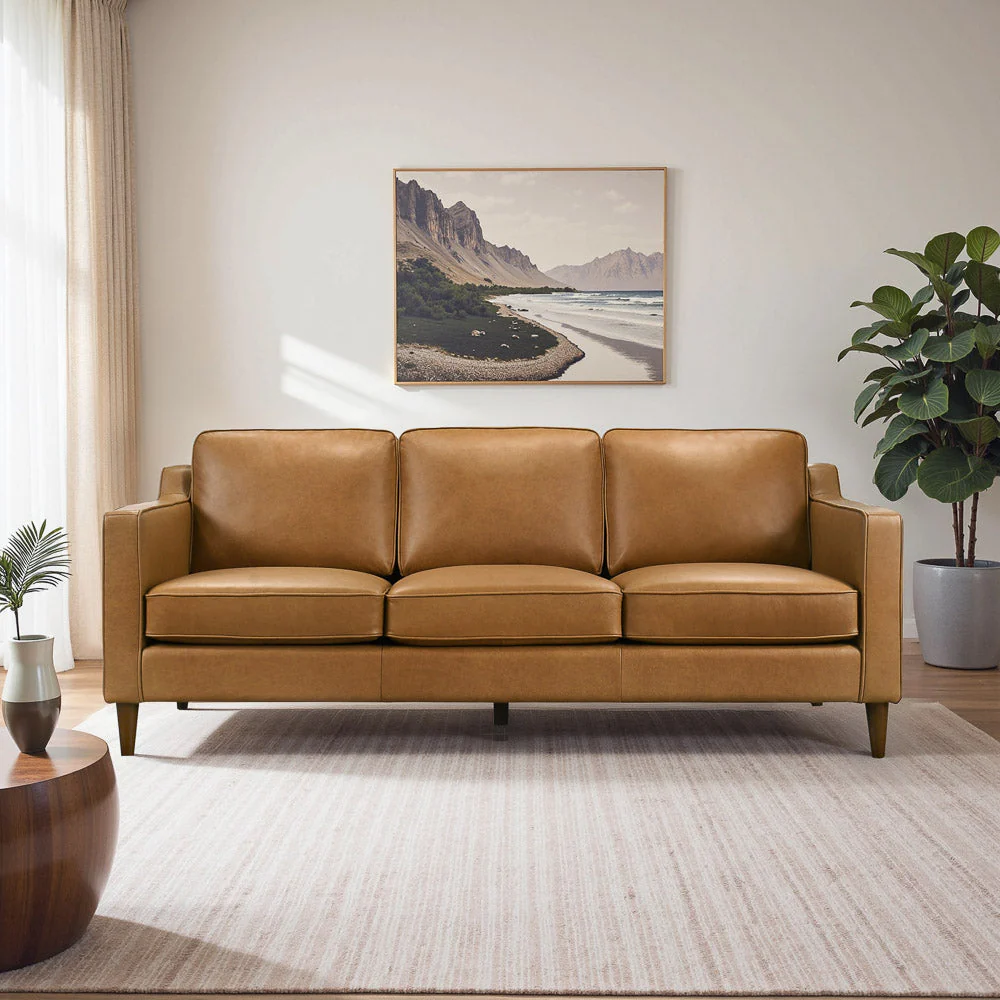 Cooper Mid Century Modern Tan Leather Sofa - Image 3