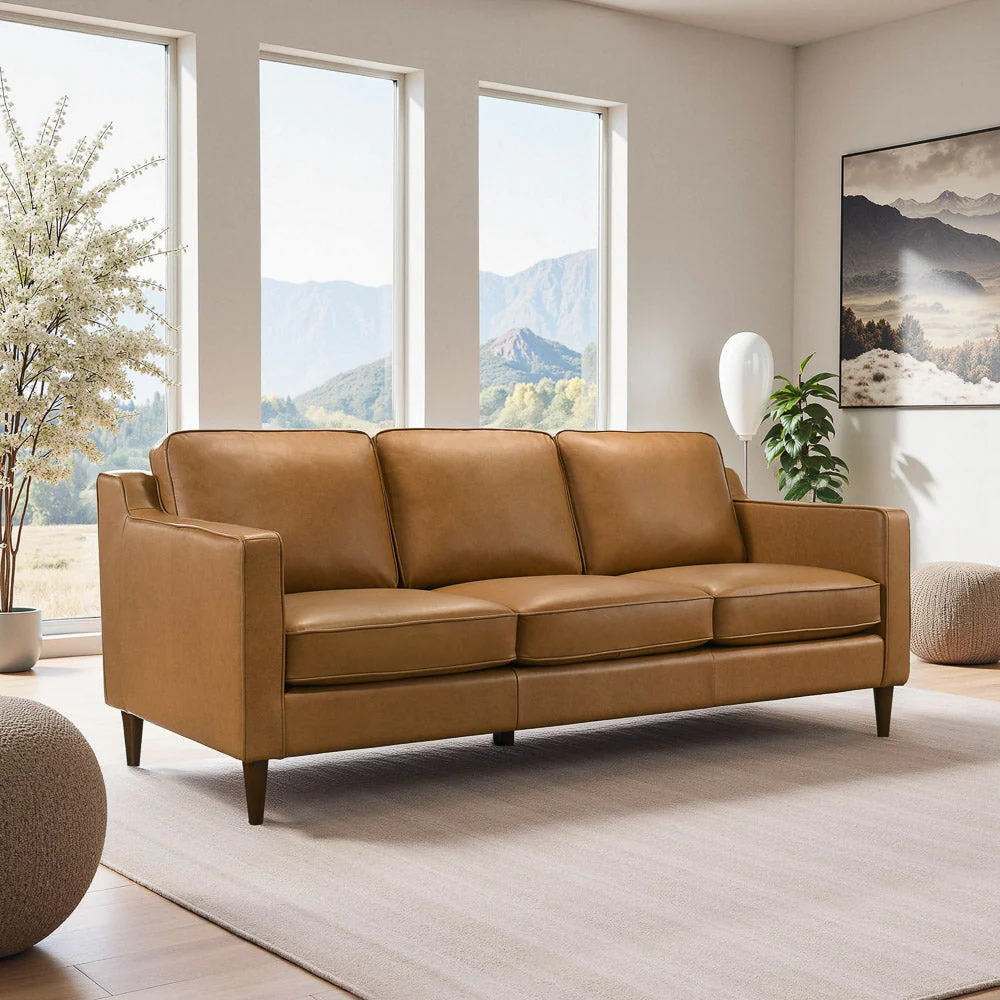Cooper Mid Century Modern Tan Leather Sofa - Image 4