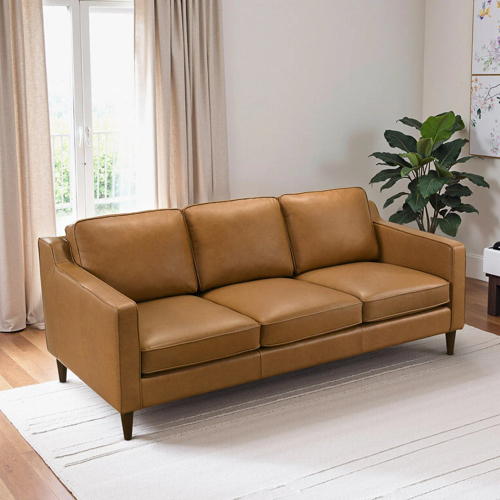 Cooper Mid Century Modern Tan Leather Sofa - Image 6