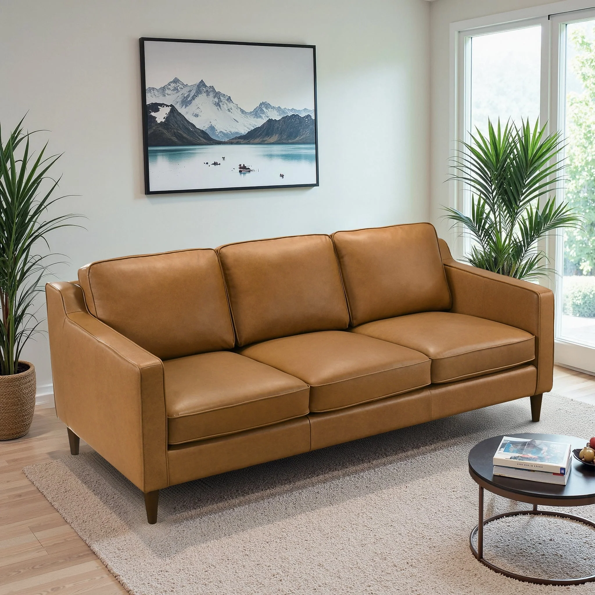 Cooper Mid Century Modern Tan Leather Sofa - Image 8