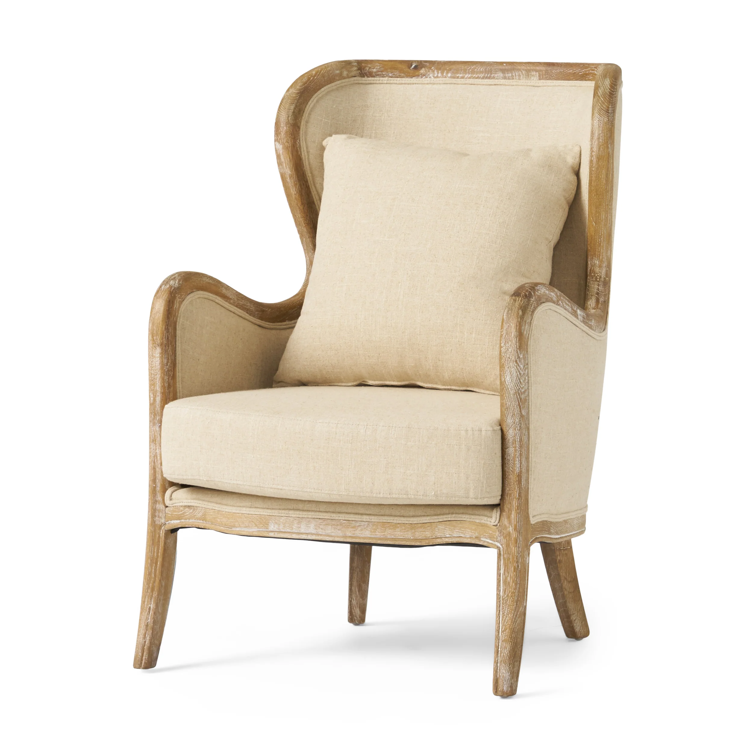 Crenshaw Beige Fabric Wing Arm Chair with Oak Frame and High Back