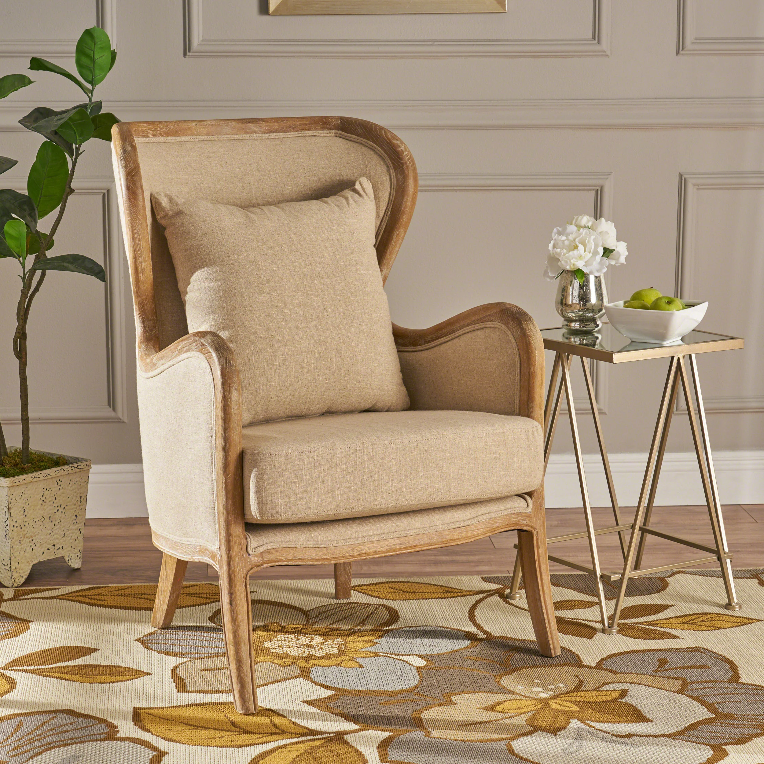 Crenshaw Beige Fabric Wing Arm Chair with Oak Frame and High Back - Image 2