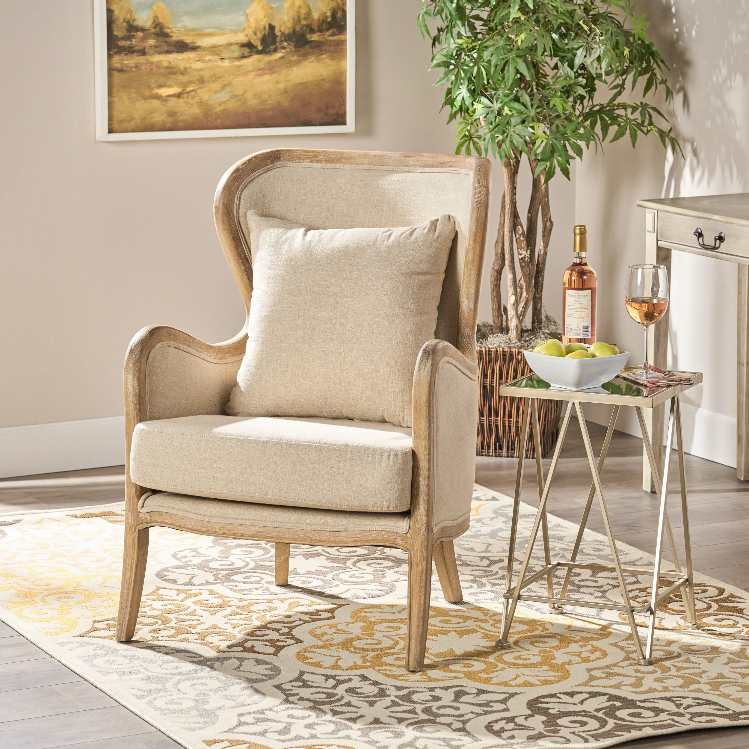 Crenshaw Beige Fabric Wing Arm Chair with Oak Frame and High Back - Image 5
