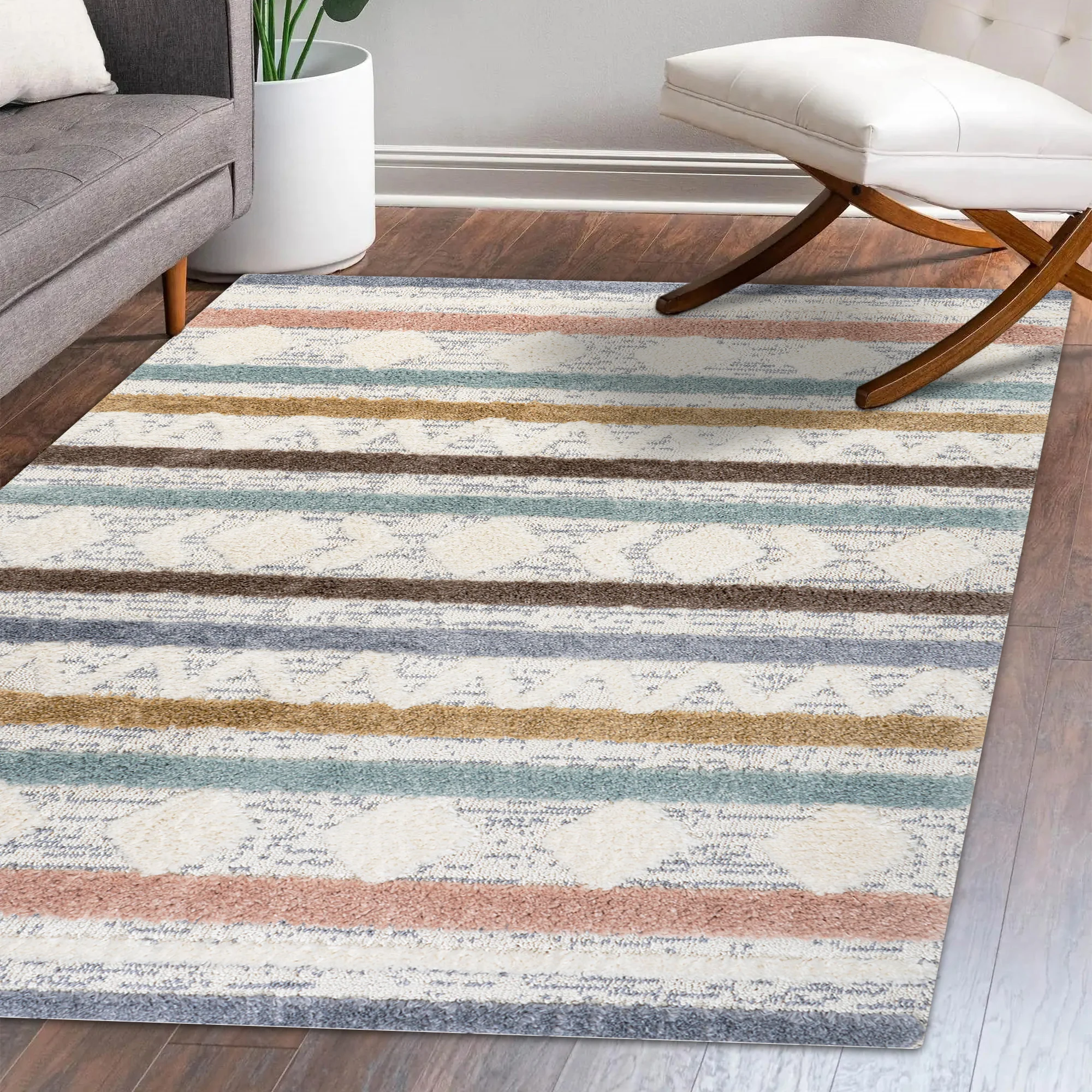 Faiza Moroccan Striped Geometric High-Low Area Rug - Image 9