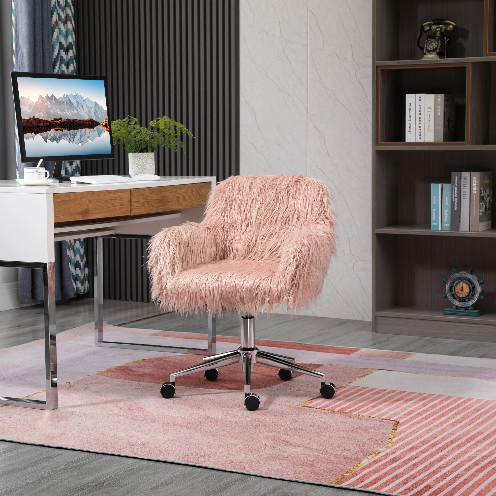 Faux Fur Desk Chair with Adjustable Height and Wheels - Image 10