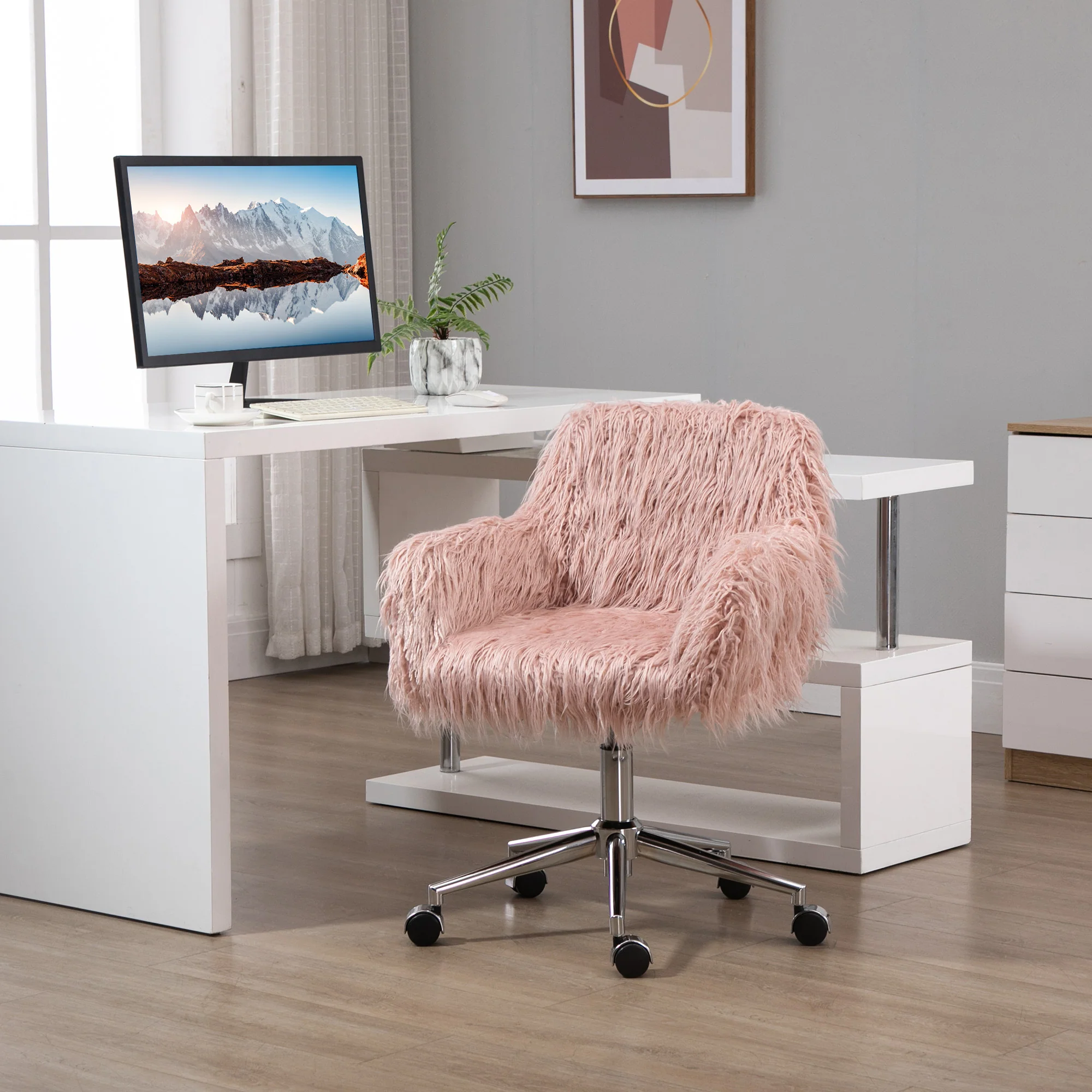 Faux Fur Desk Chair with Adjustable Height and Wheels - Image 2