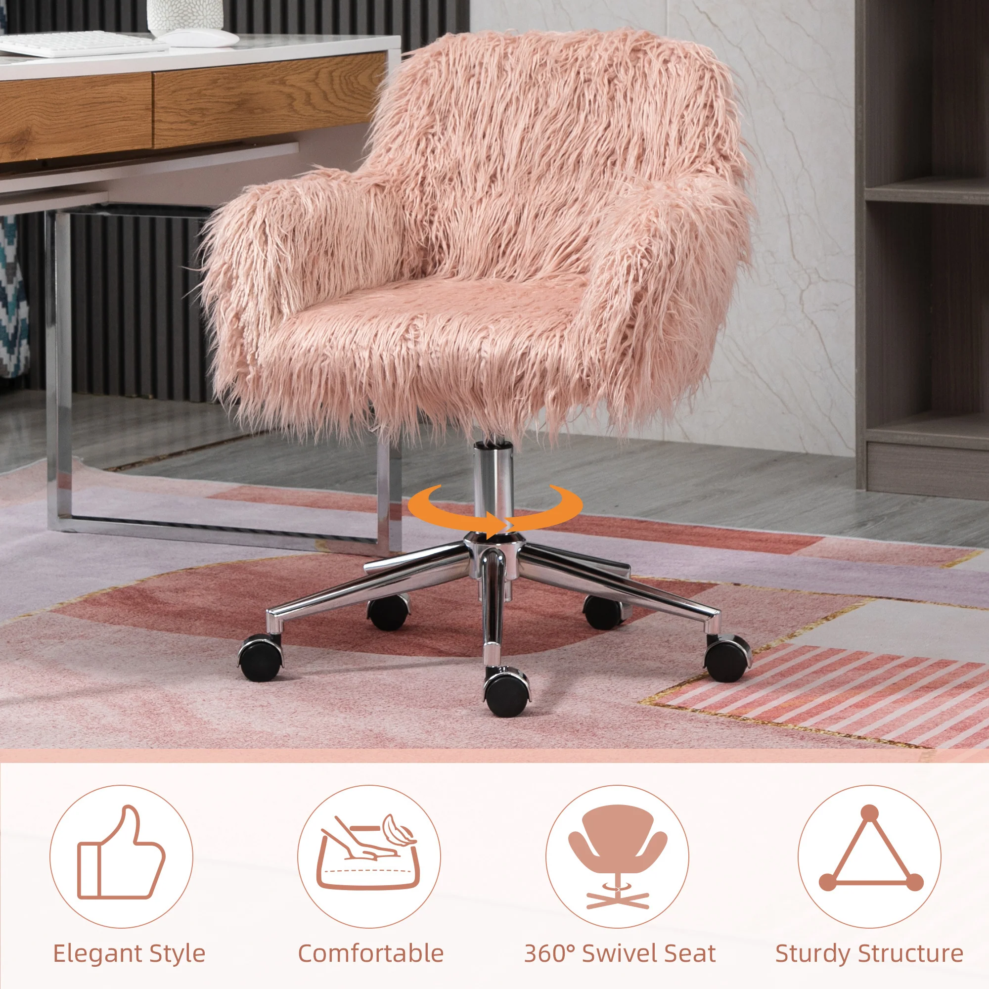 Faux Fur Desk Chair with Adjustable Height and Wheels - Image 4