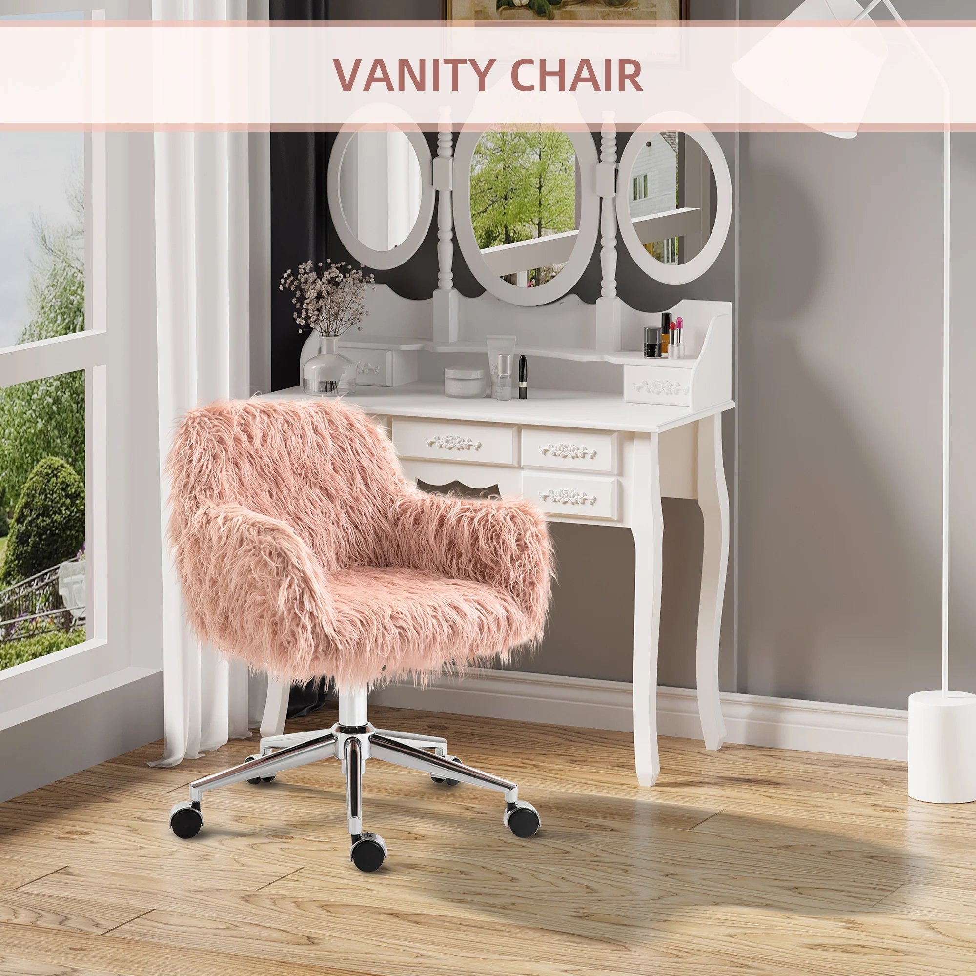 Faux Fur Desk Chair with Adjustable Height and Wheels - Image 5
