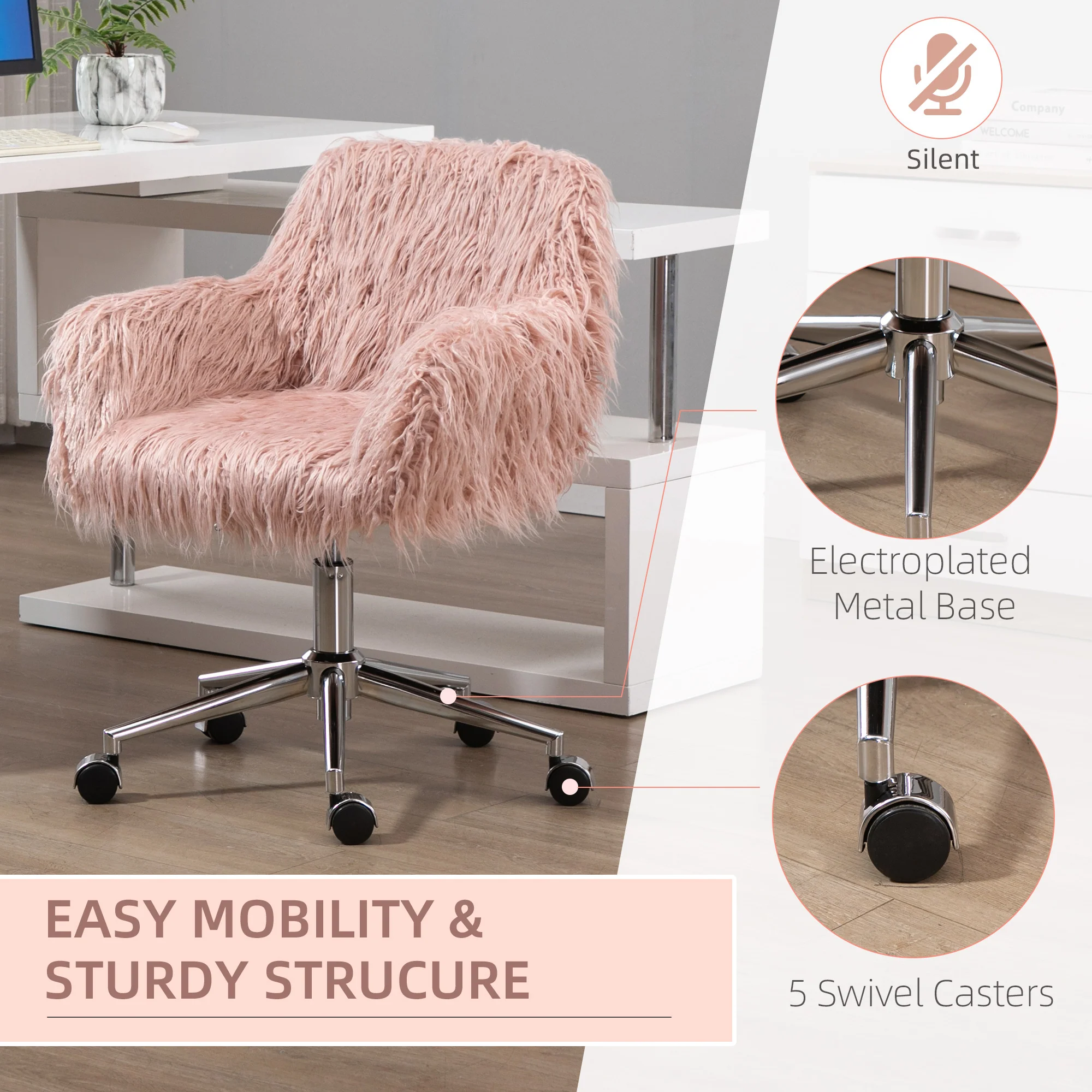 Faux Fur Desk Chair with Adjustable Height and Wheels - Image 6