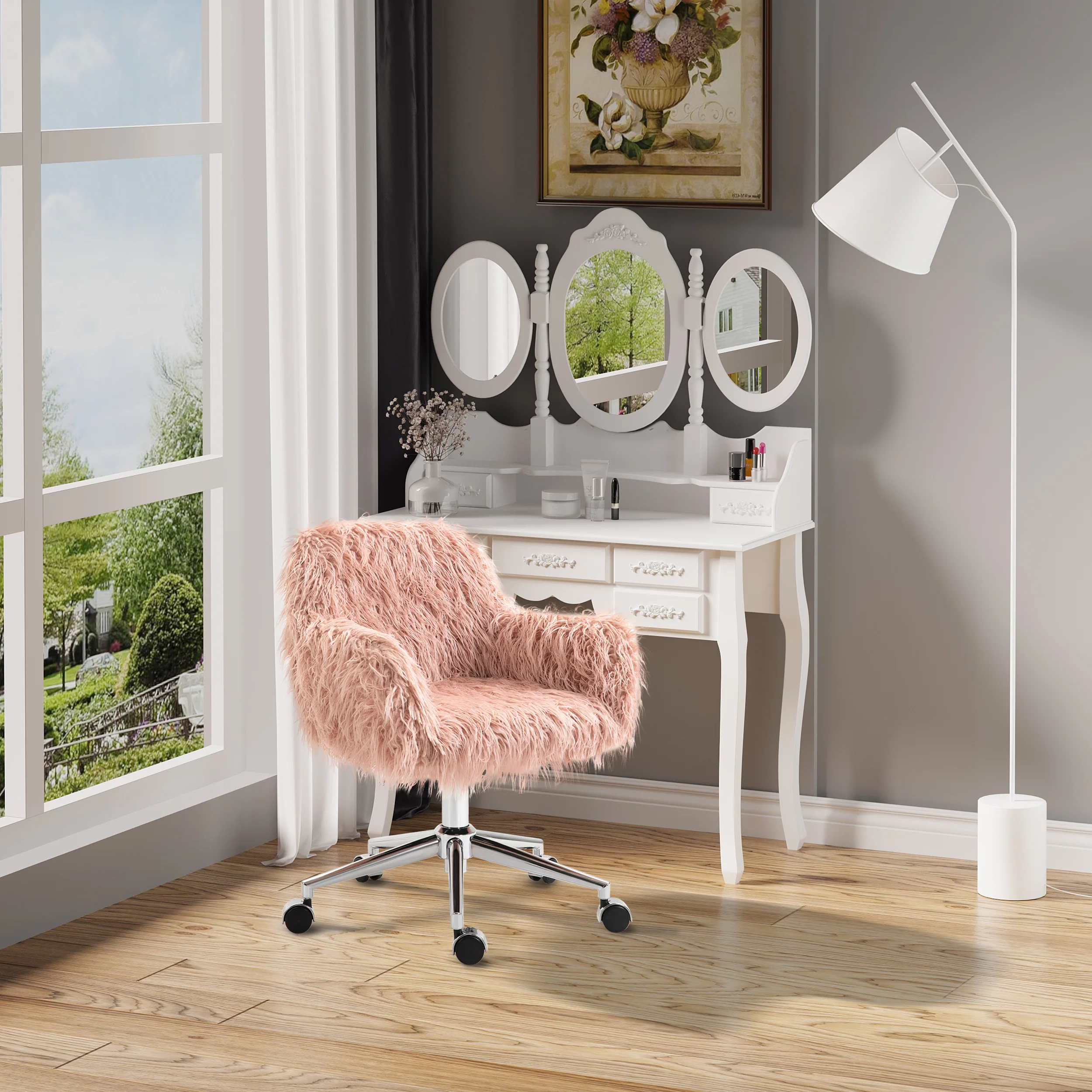 Faux Fur Desk Chair with Adjustable Height and Wheels - Image 7