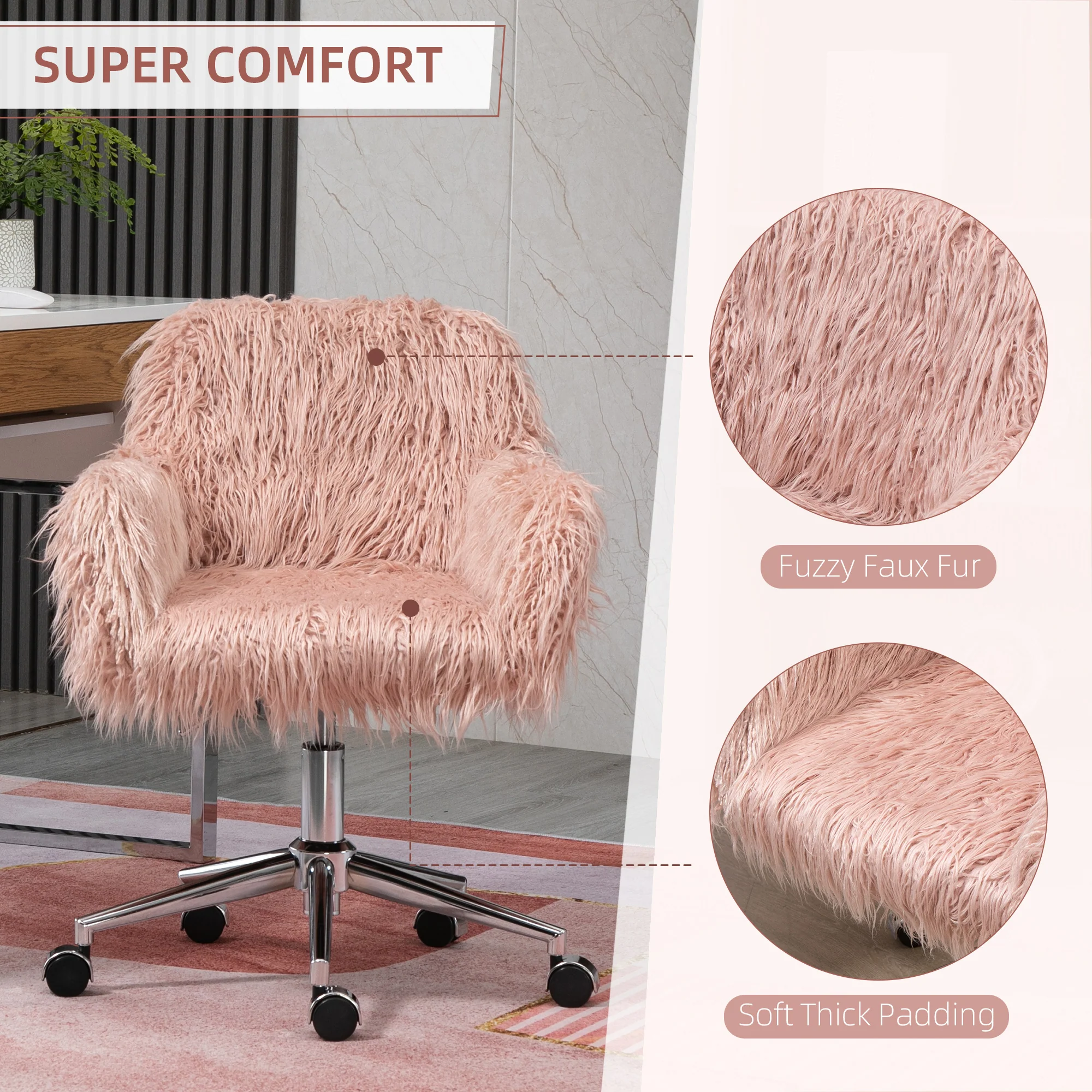 Faux Fur Desk Chair with Adjustable Height and Wheels - Image 8