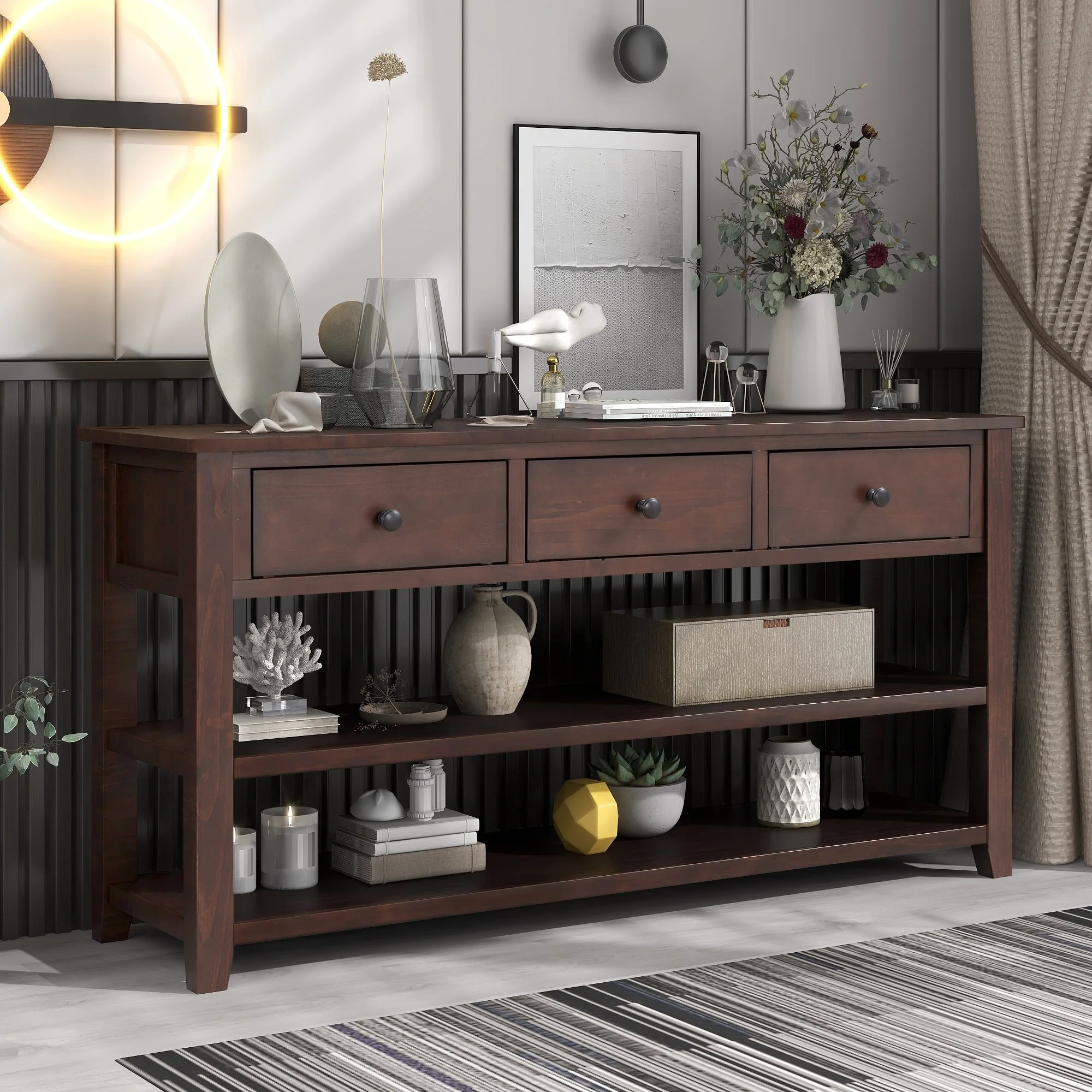 Finley 50'' Wood Console Table with 2 Open Shelves and 3 Storage Drawers - Image 4