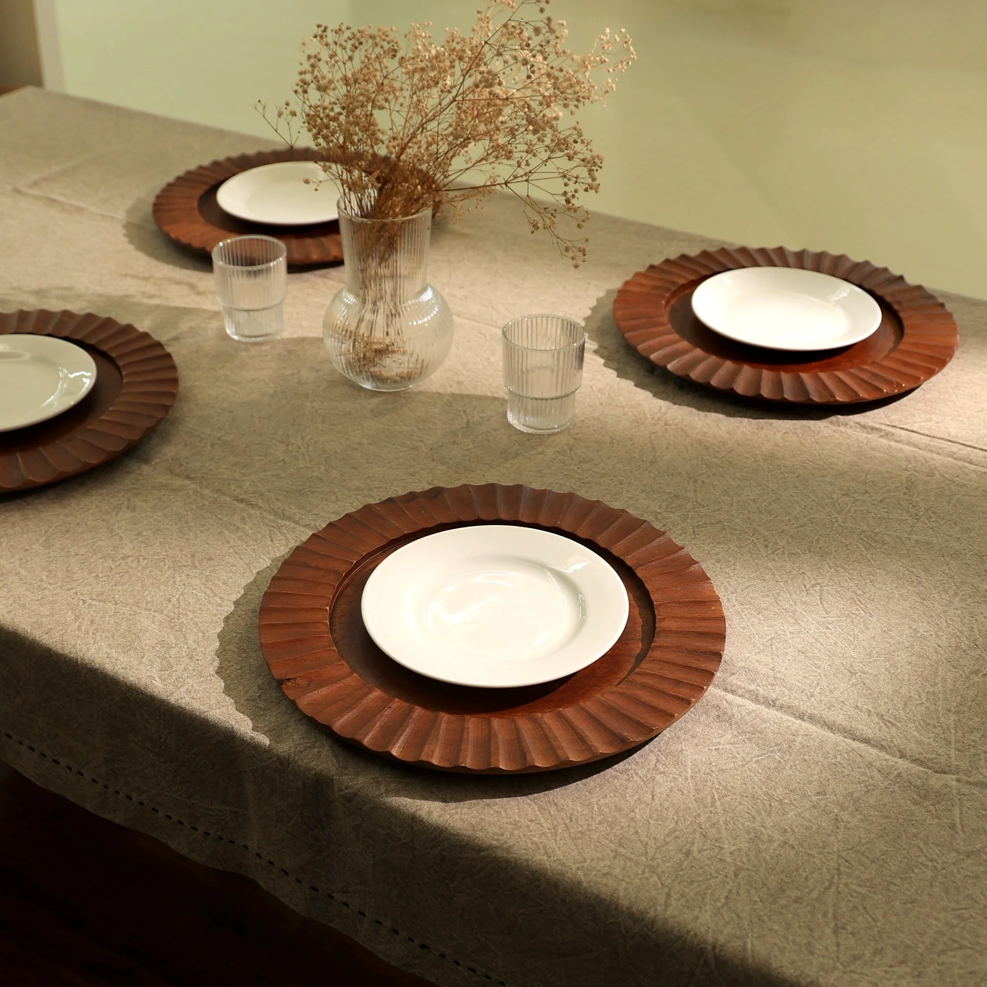 Fluted Handcrafted 13" Wood Brown Charger Plate - Image 2