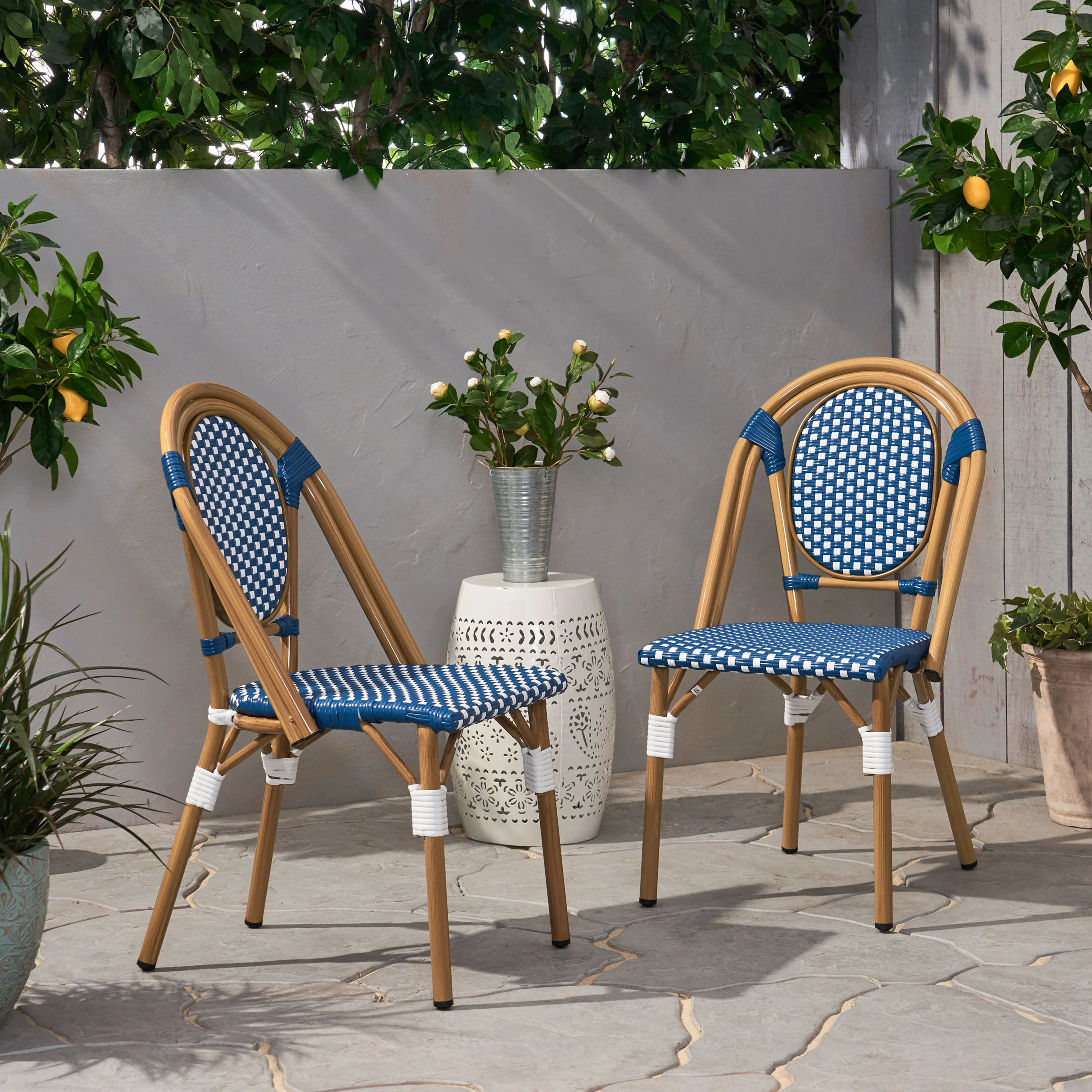 French Bistro Outdoor Dining Chairs, Set of 2 Blue & White - Image 2