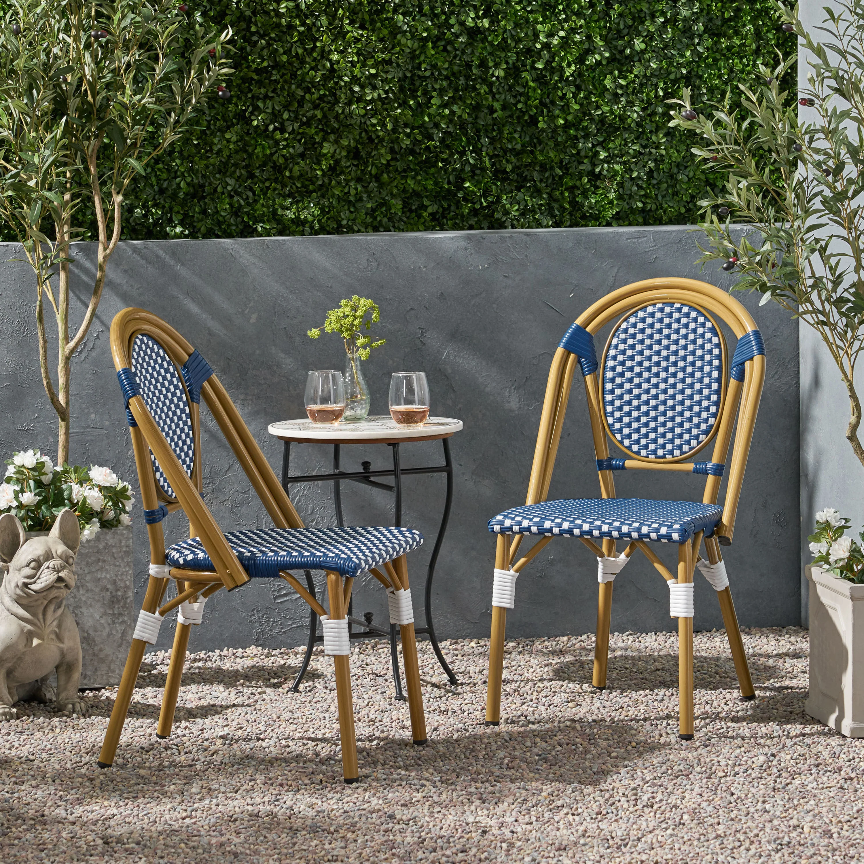 French Bistro Outdoor Dining Chairs, Set of 2 Blue & White - Image 5