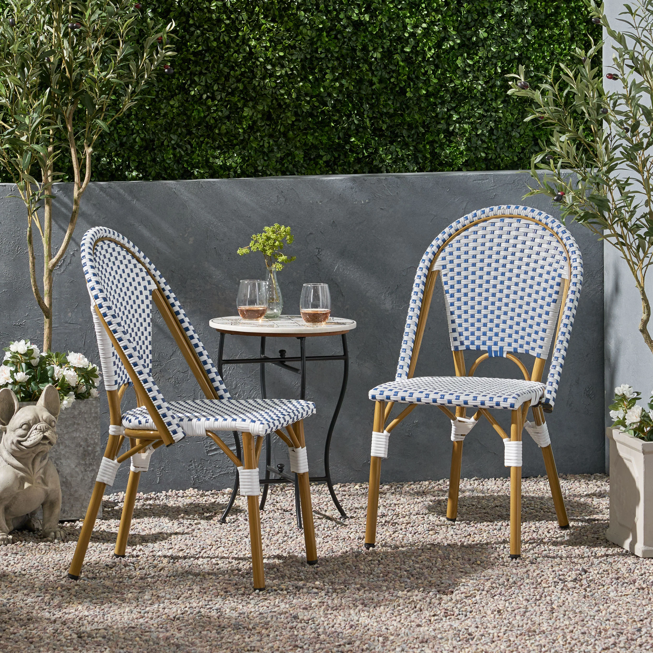 French Bistro Outdoor Dining Chairs, Set of 2 Blue & White - Image 2