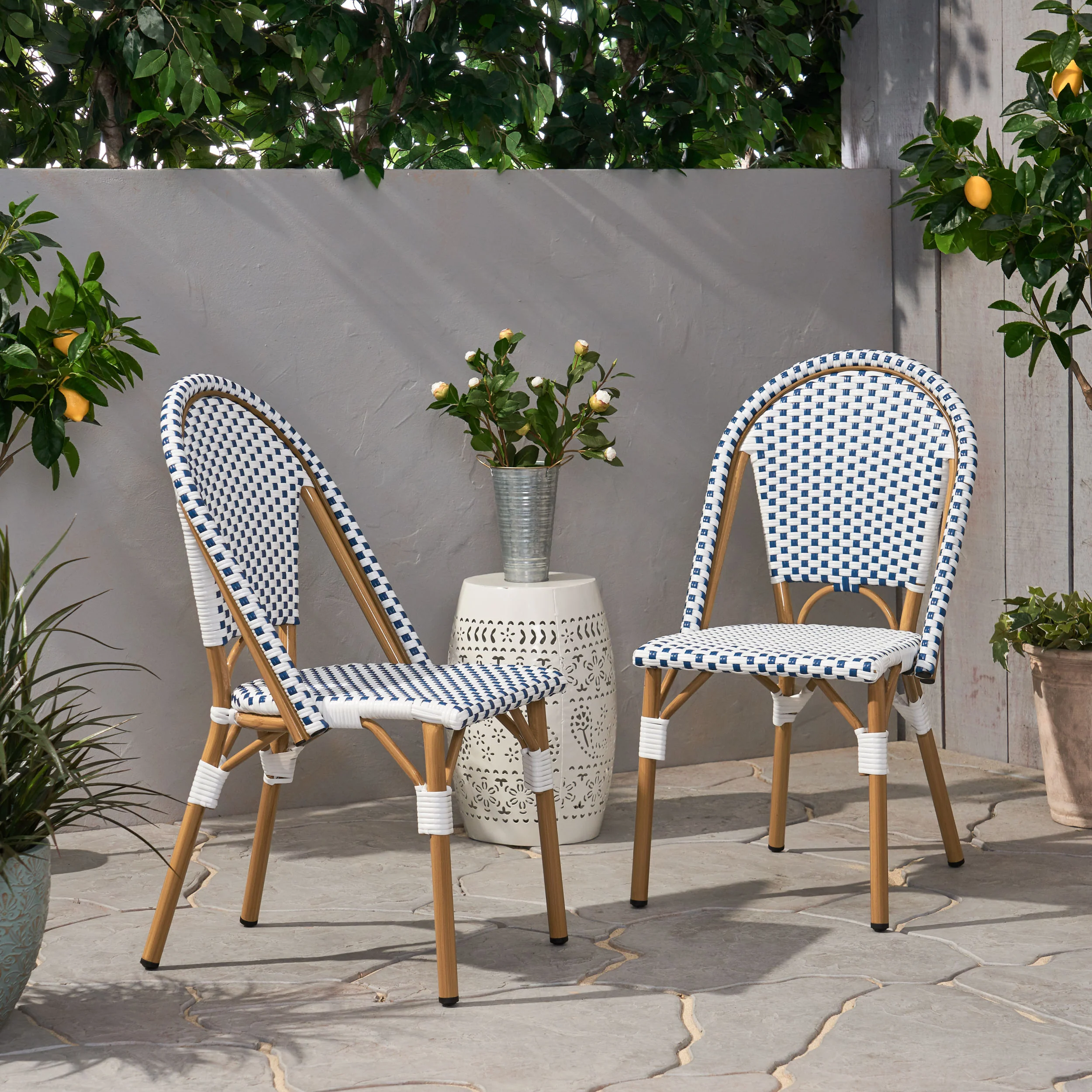 French Bistro Outdoor Dining Chairs, Set of 2 Blue & White - Image 3
