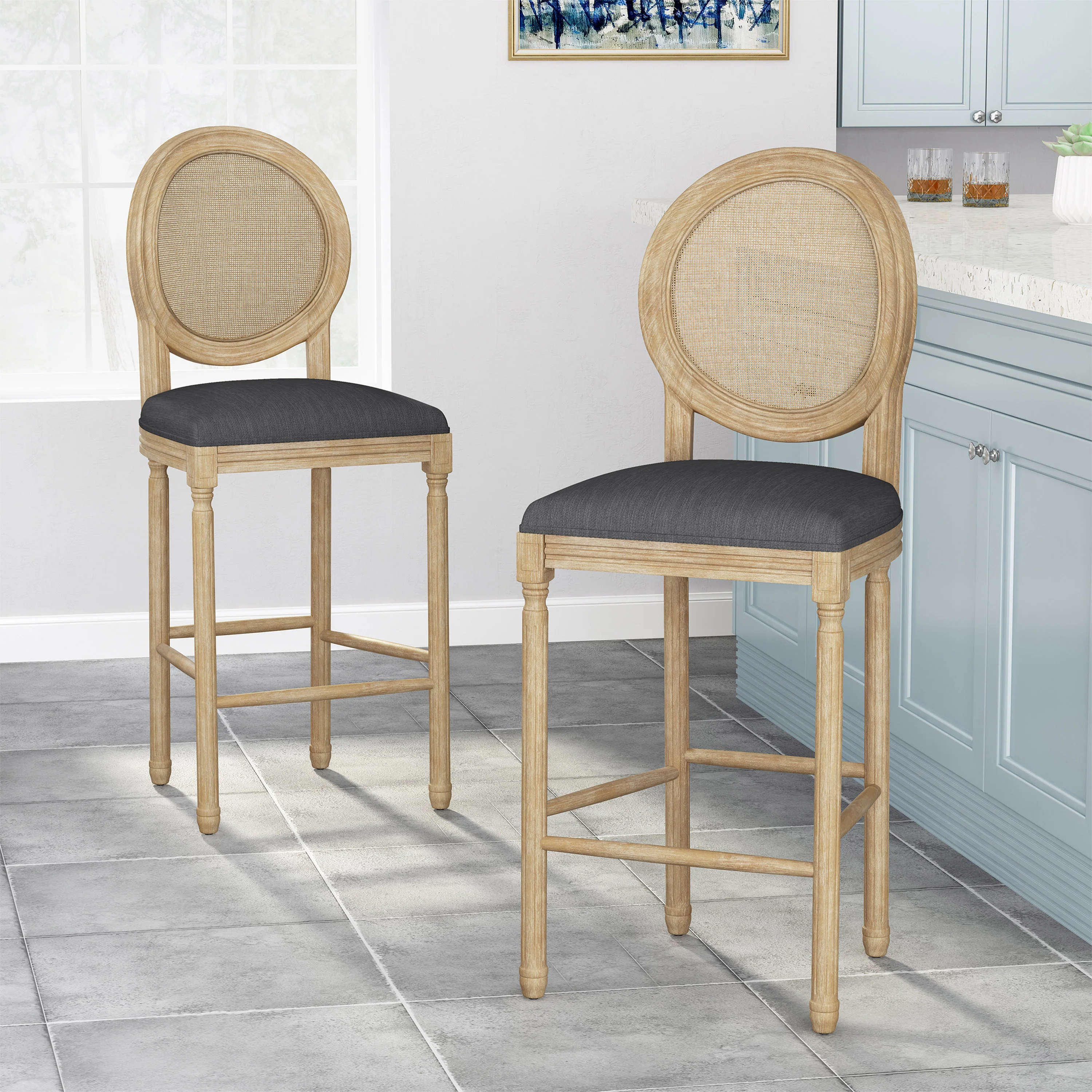 French Country Cane Bar Stool, Set of 2 - Image 2