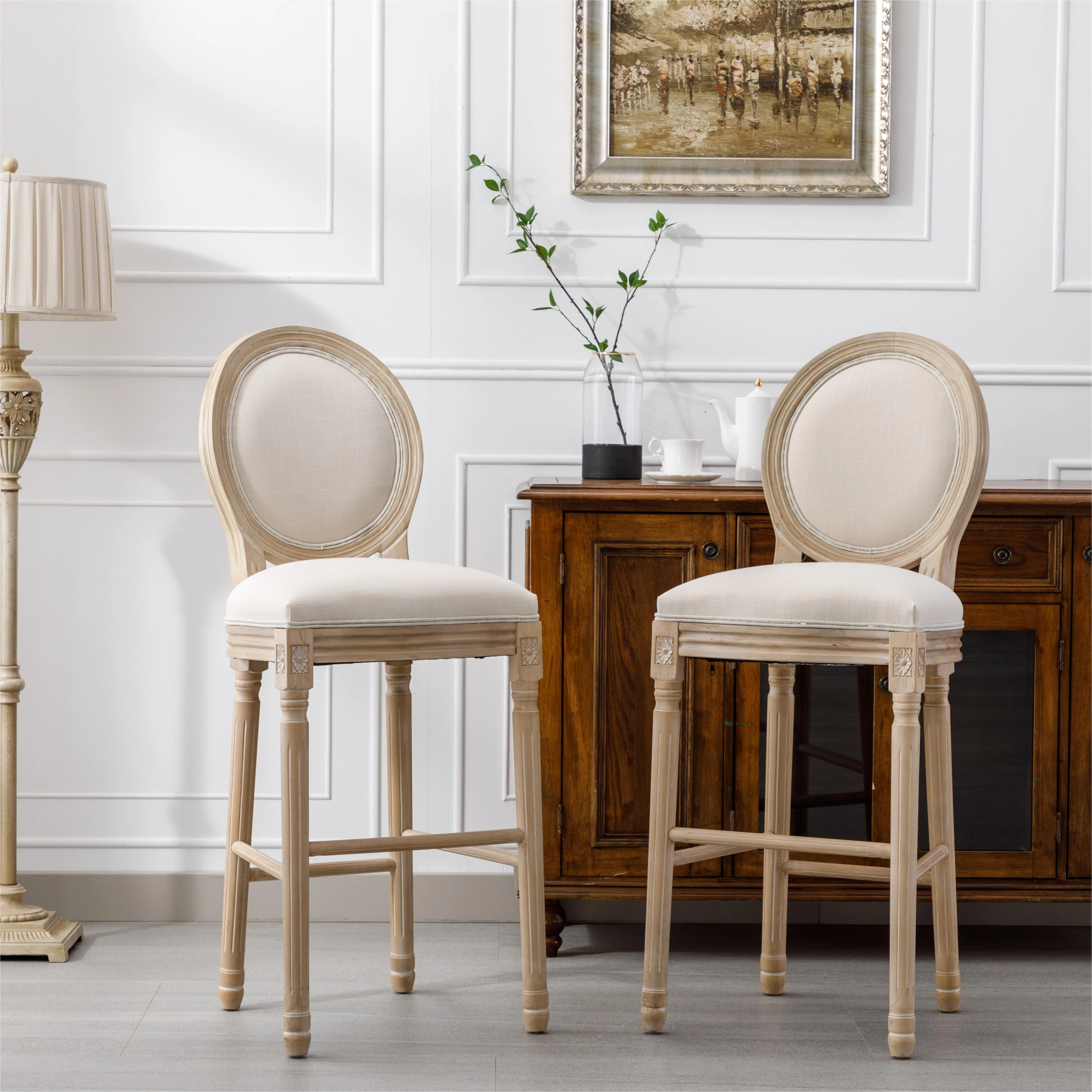 French Country Wooden Barstools With Upholstered Seating , Beige and Natural ，Set of 2 - Image 2