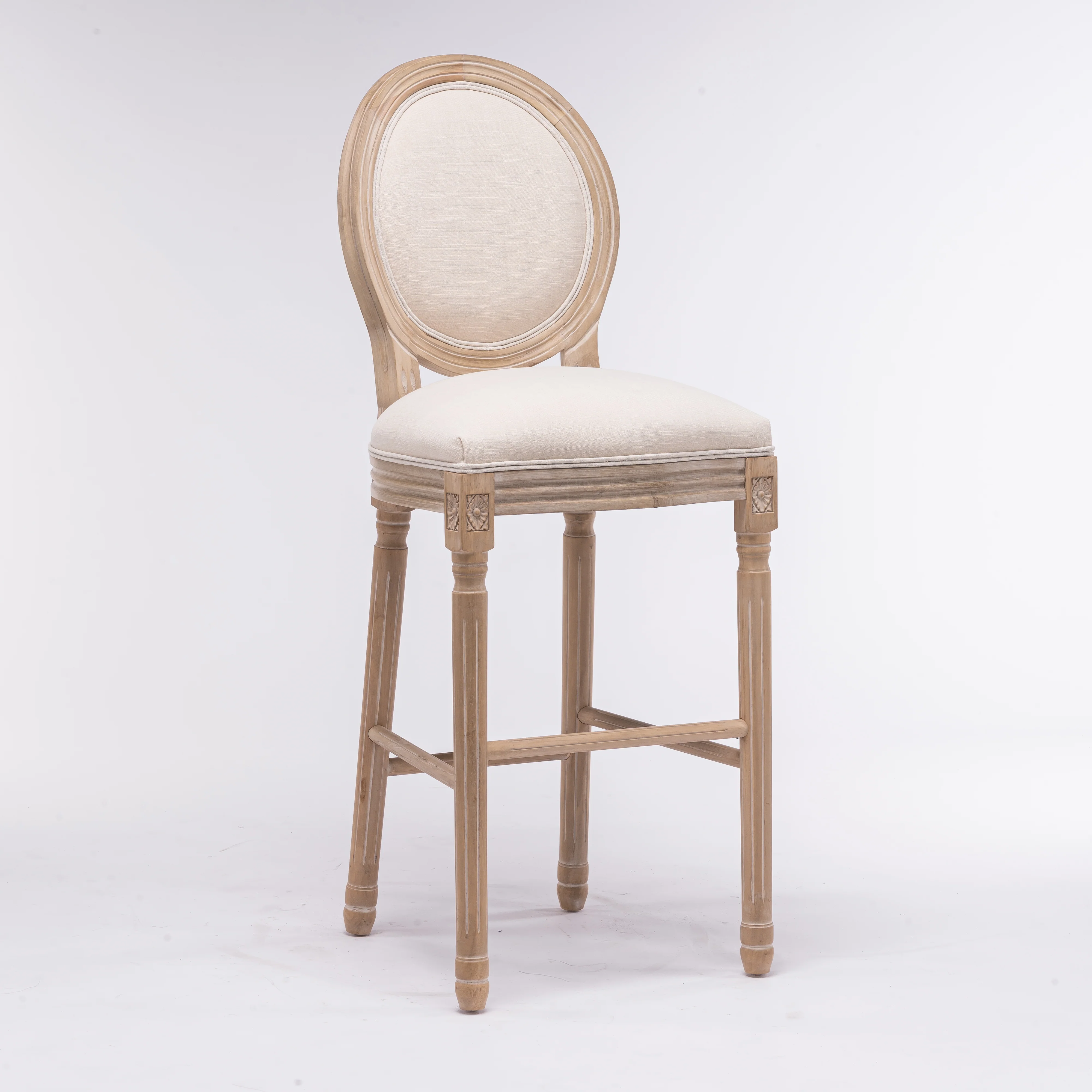 French Country Wooden Barstools With Upholstered Seating , Beige and Natural ，Set of 2 - Image 4