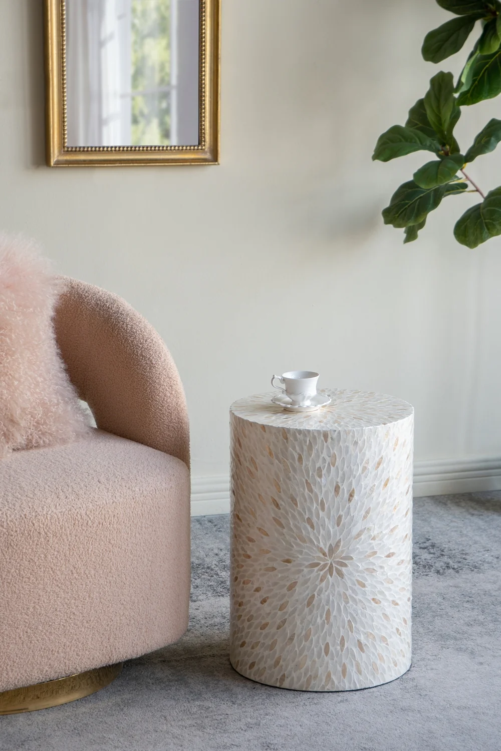 Gold and White Capiz Drum Side Table - Image 2