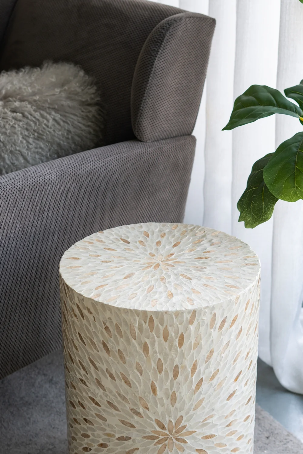 Gold and White Capiz Drum Side Table - Image 6