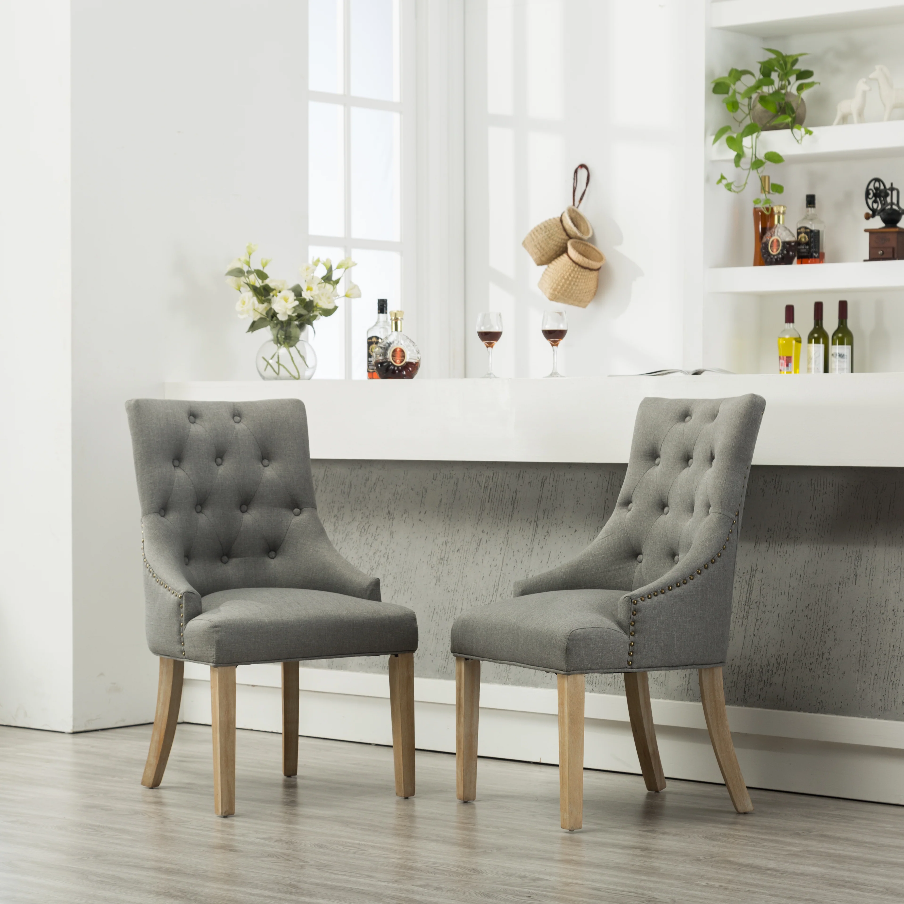 Grey Button Tufted Solid Wood Wingback Dining Chairs, Set of 2 - Image 2
