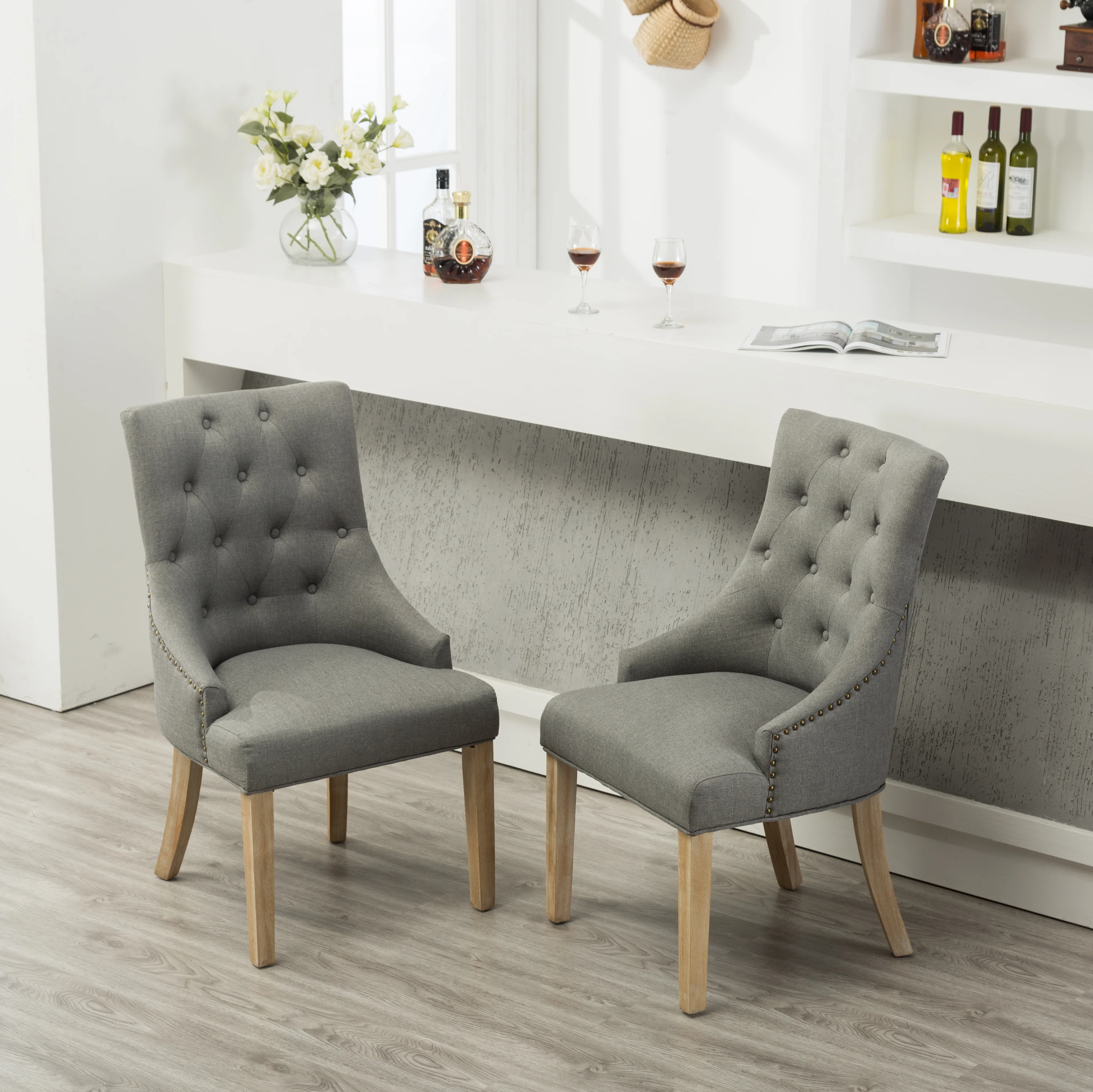 Grey Button Tufted Solid Wood Wingback Dining Chairs, Set of 2 - Image 3