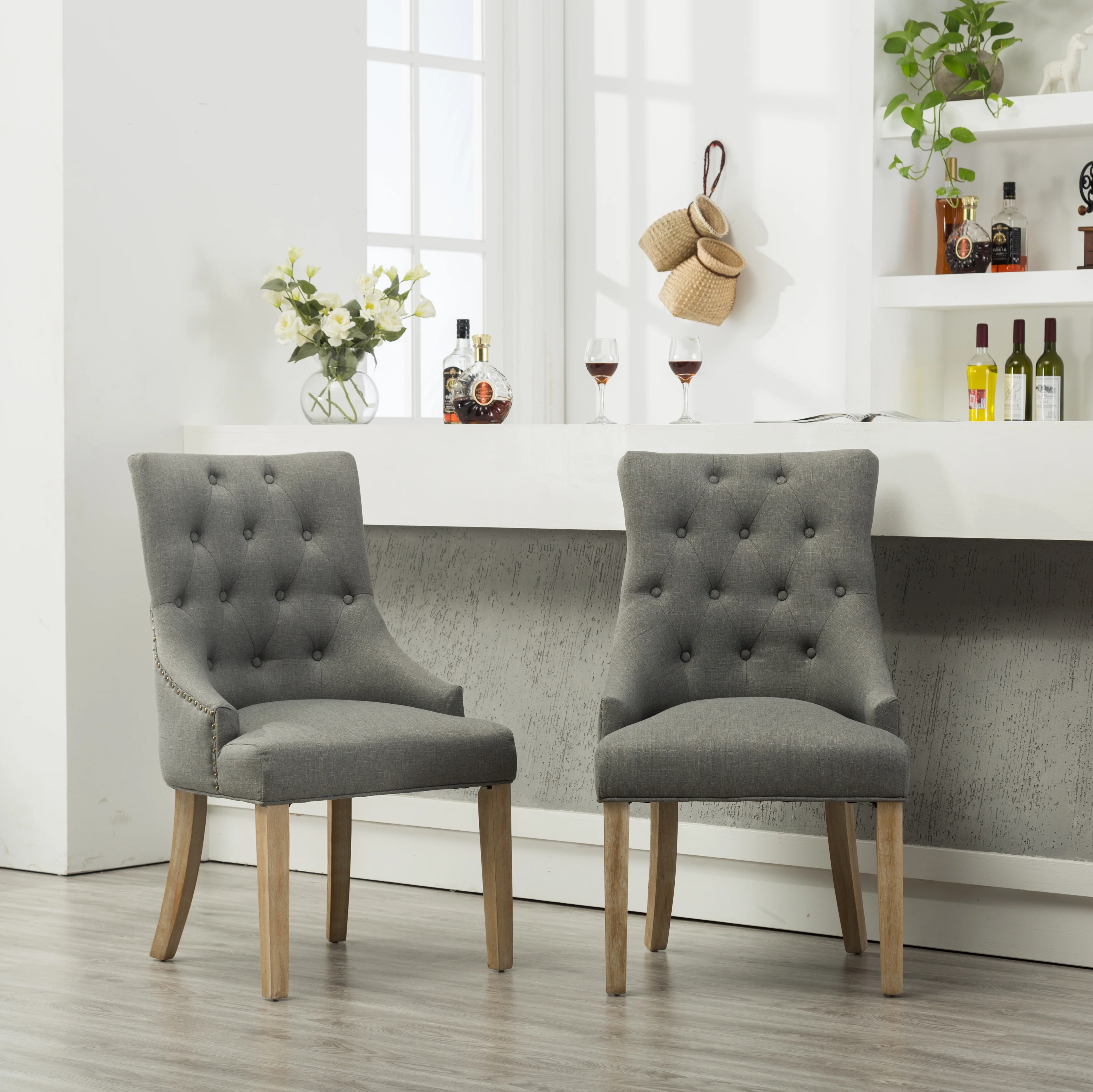 Grey Button Tufted Solid Wood Wingback Dining Chairs, Set of 2 - Image 4