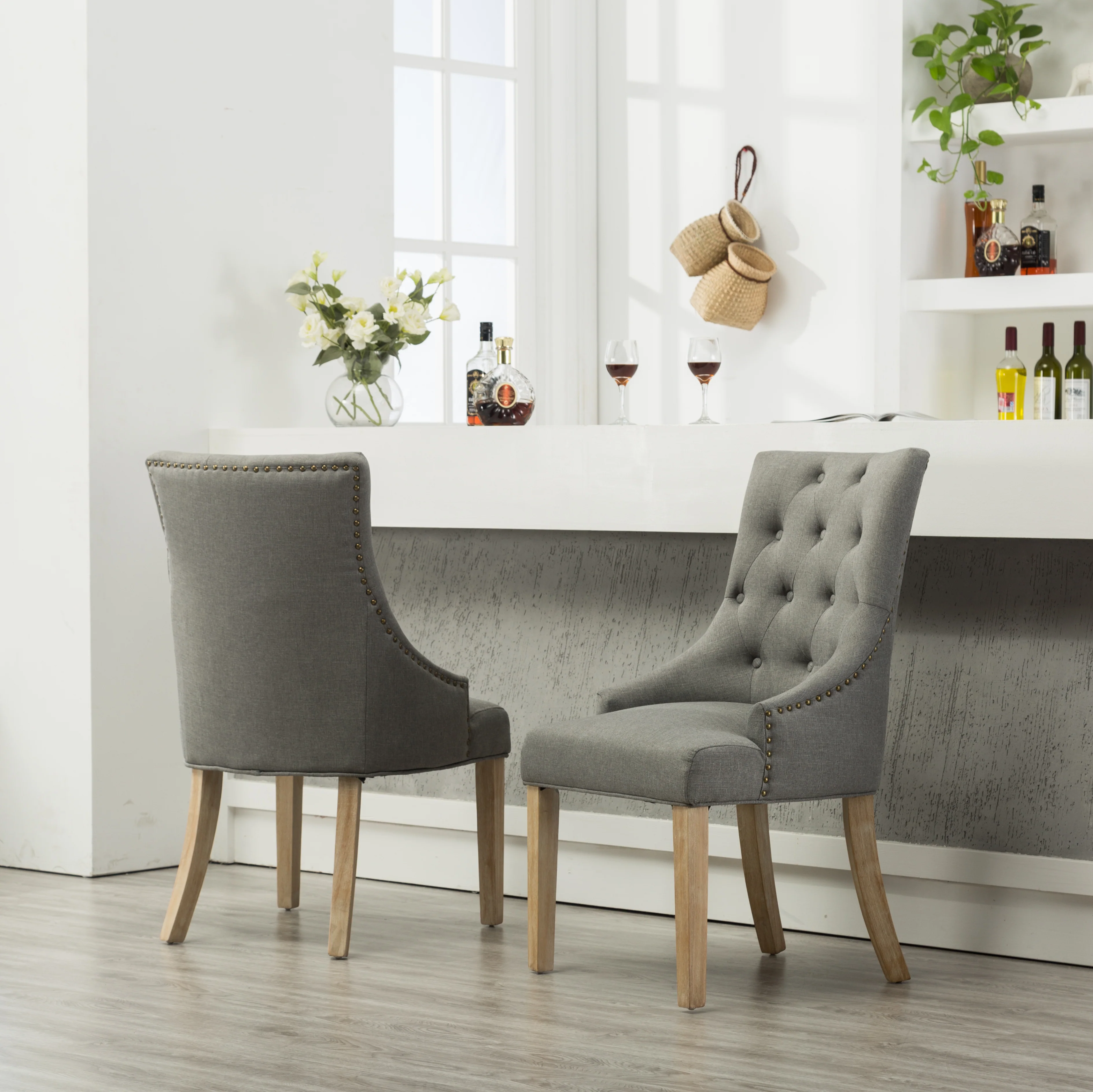 Grey Button Tufted Solid Wood Wingback Dining Chairs, Set of 2 - Image 5