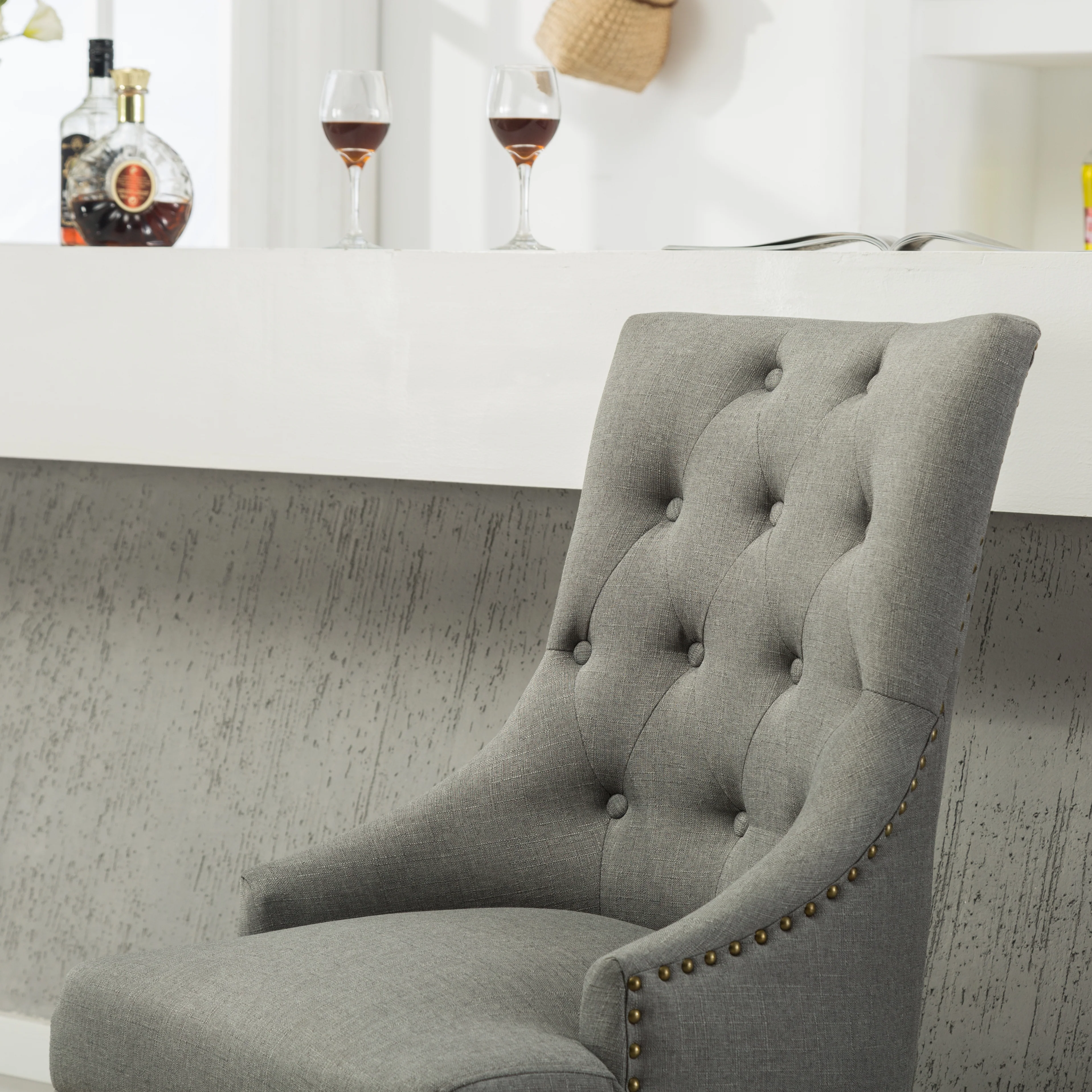 Grey Button Tufted Solid Wood Wingback Dining Chairs, Set of 2 - Image 6