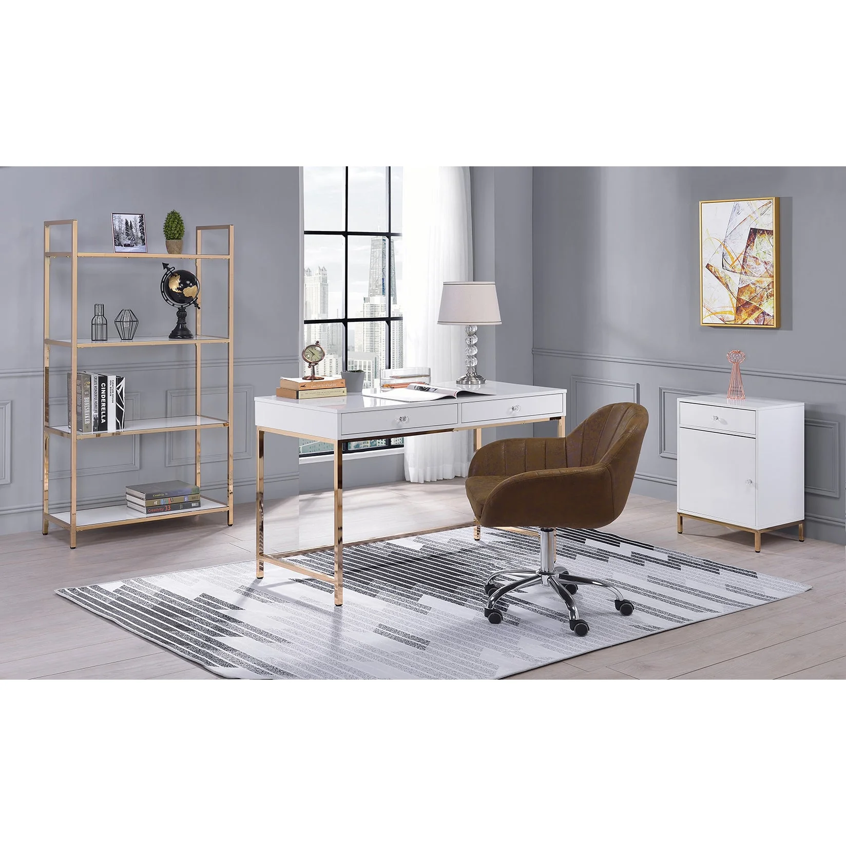 High Gloss and Gold 2-Drawer Writing Desk - Image 12