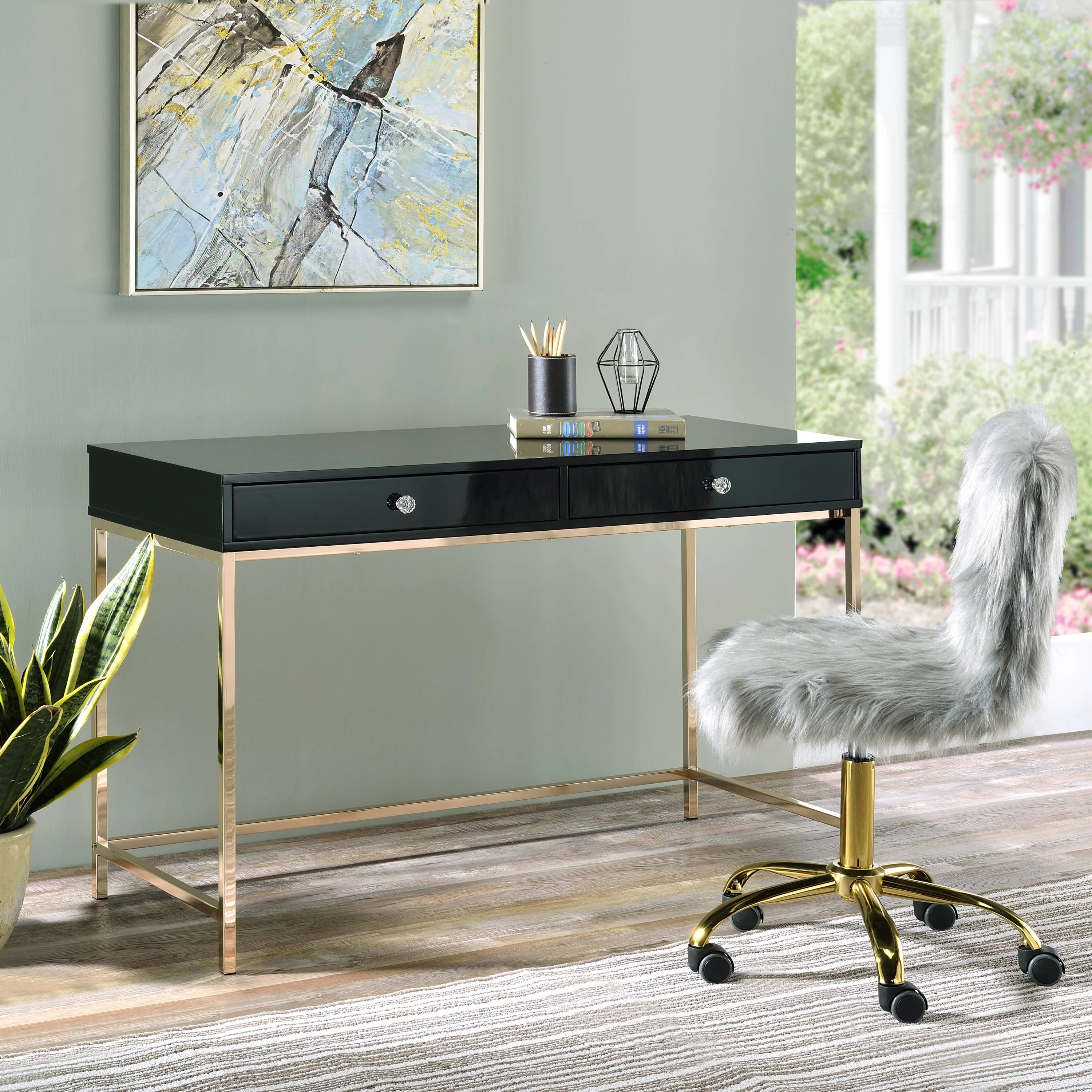 High Gloss and Gold 2-Drawer Writing Desk - Image 7