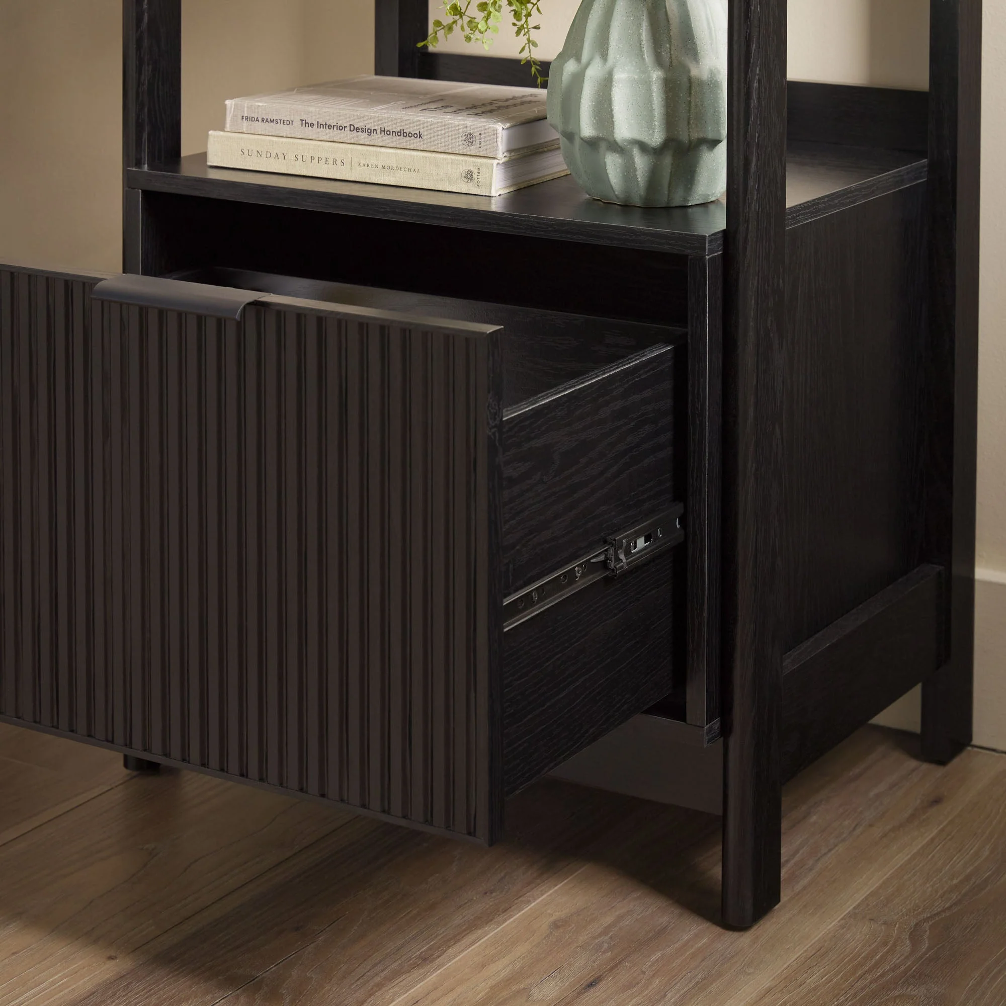 Jubilate Narrow Bookcase with Fluted Drawer and 4 Open Shelves - Image 14